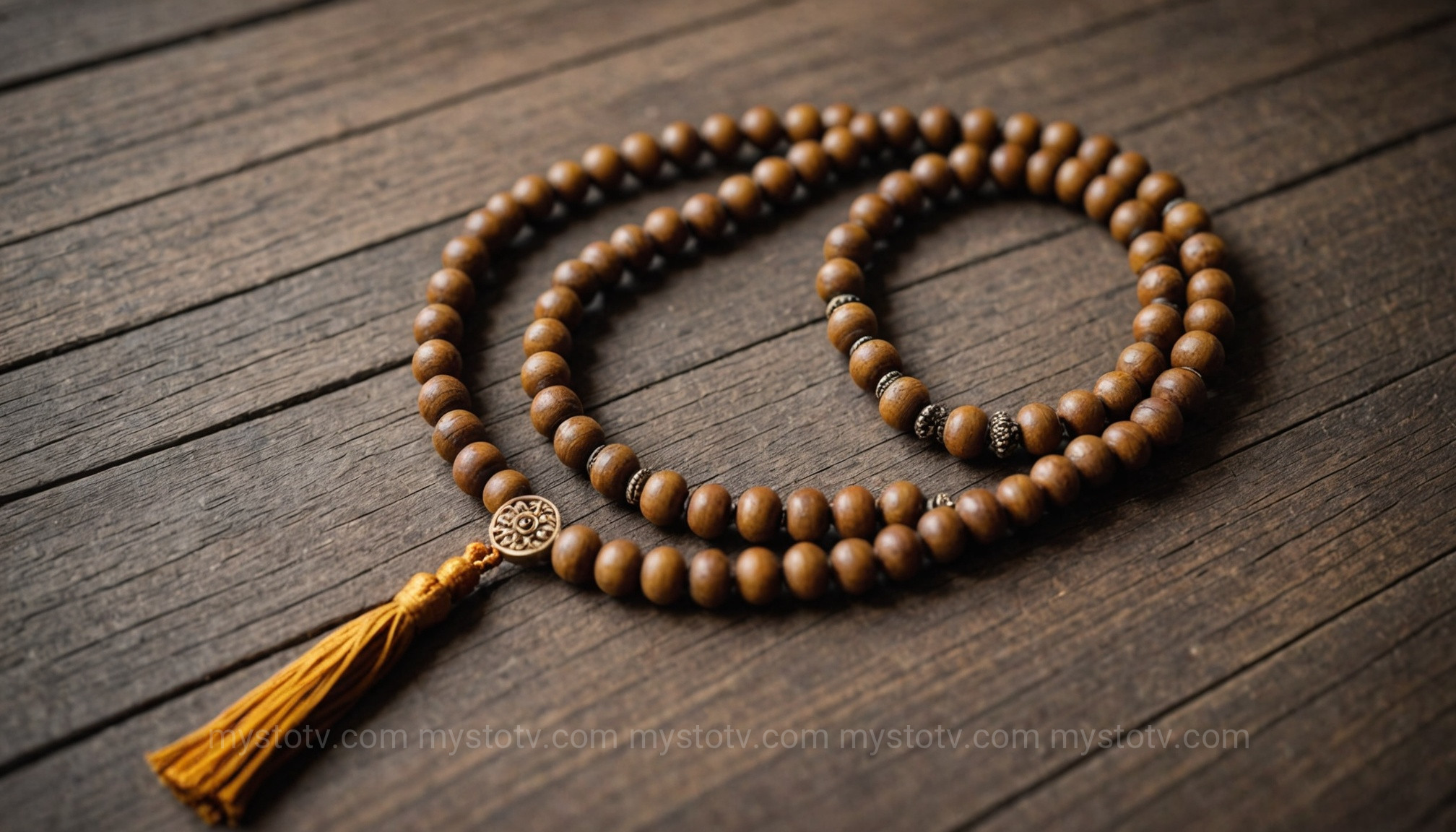 A traditional 108-bead Mala, illustrating the tool used in Eastern prayer beads usage religions for meditation and reciting mantras.