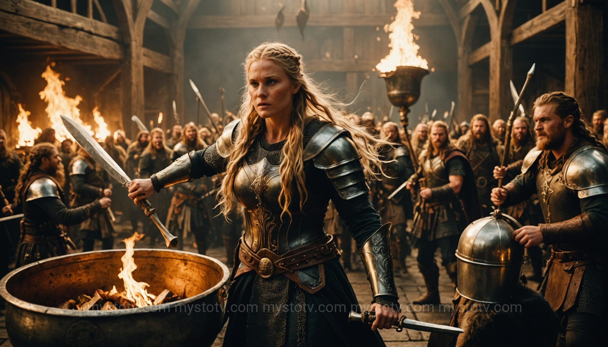 A Valkyrie serving mead to the Einherjar in Valhalla, a key role when explaining what is a valkyrie in norse mythology.