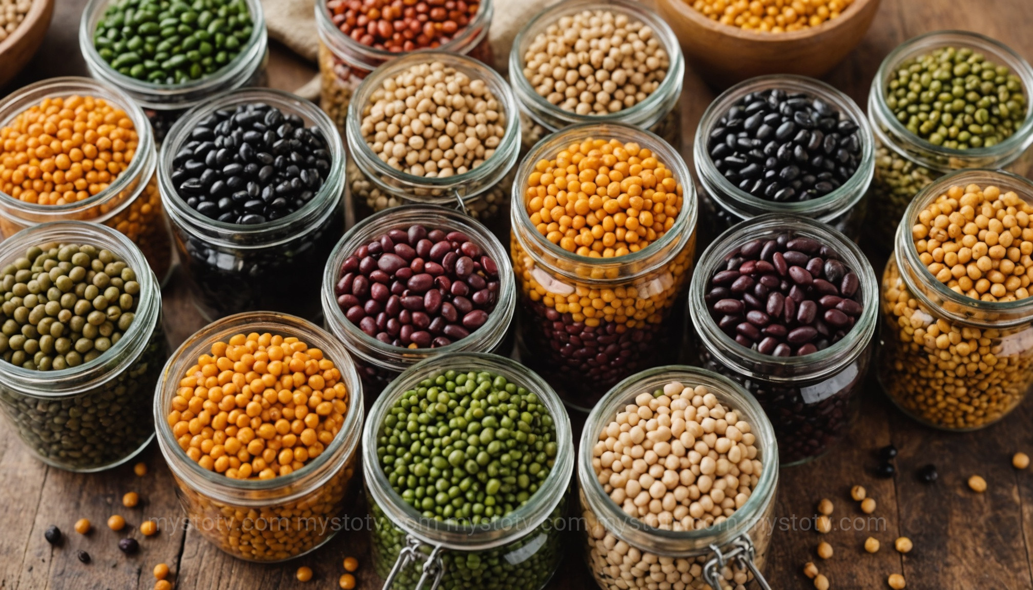 A variety of lentils and legumes in jars, which are excellent fiber-rich foods that improve gut microbiome.