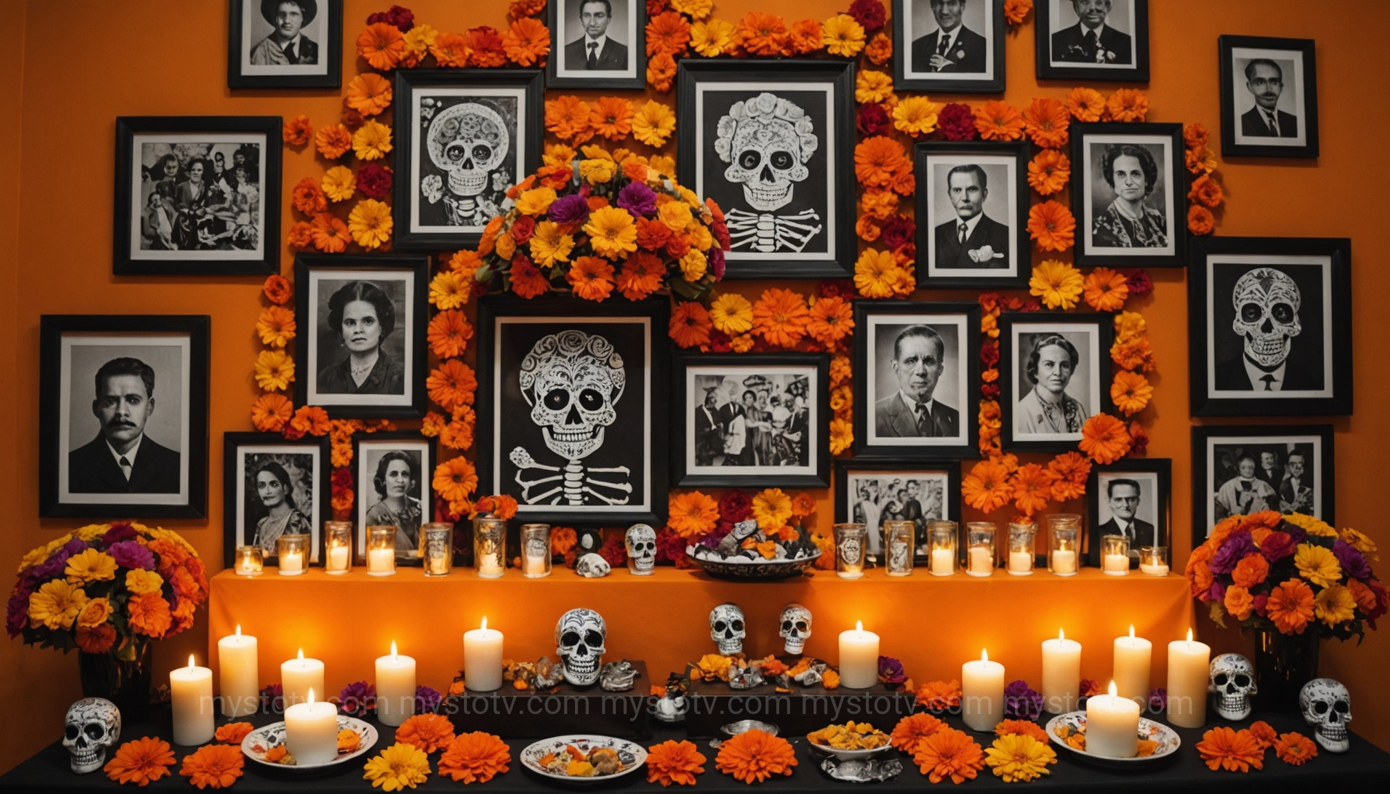 A vibrant ofrenda altar for the Day of the Dead, decorated with flowers, candles, and photos.