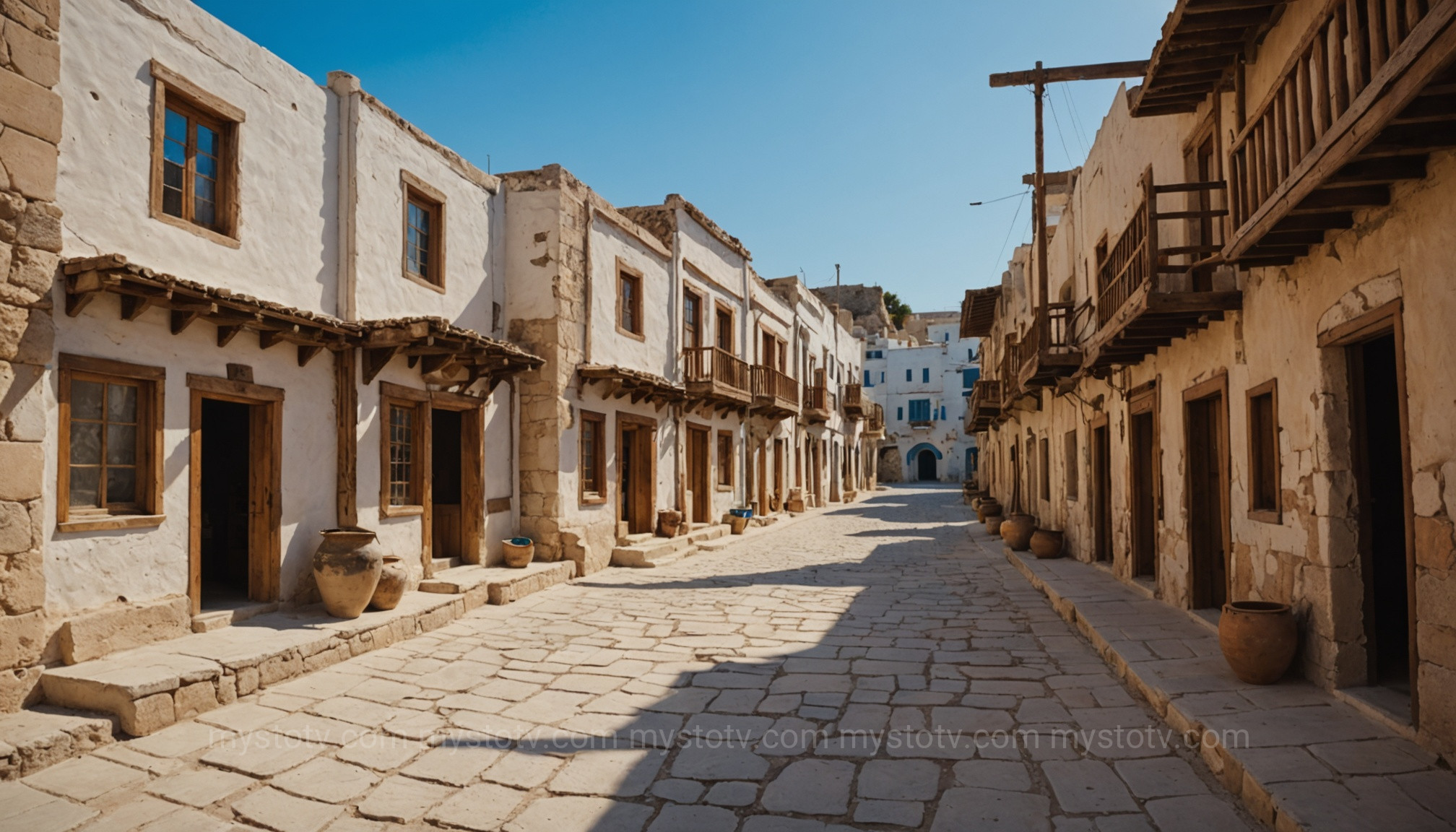 A vibrant reconstruction of the Minoan city of Akrotiri, providing a human face for the atlantis theory documentary.