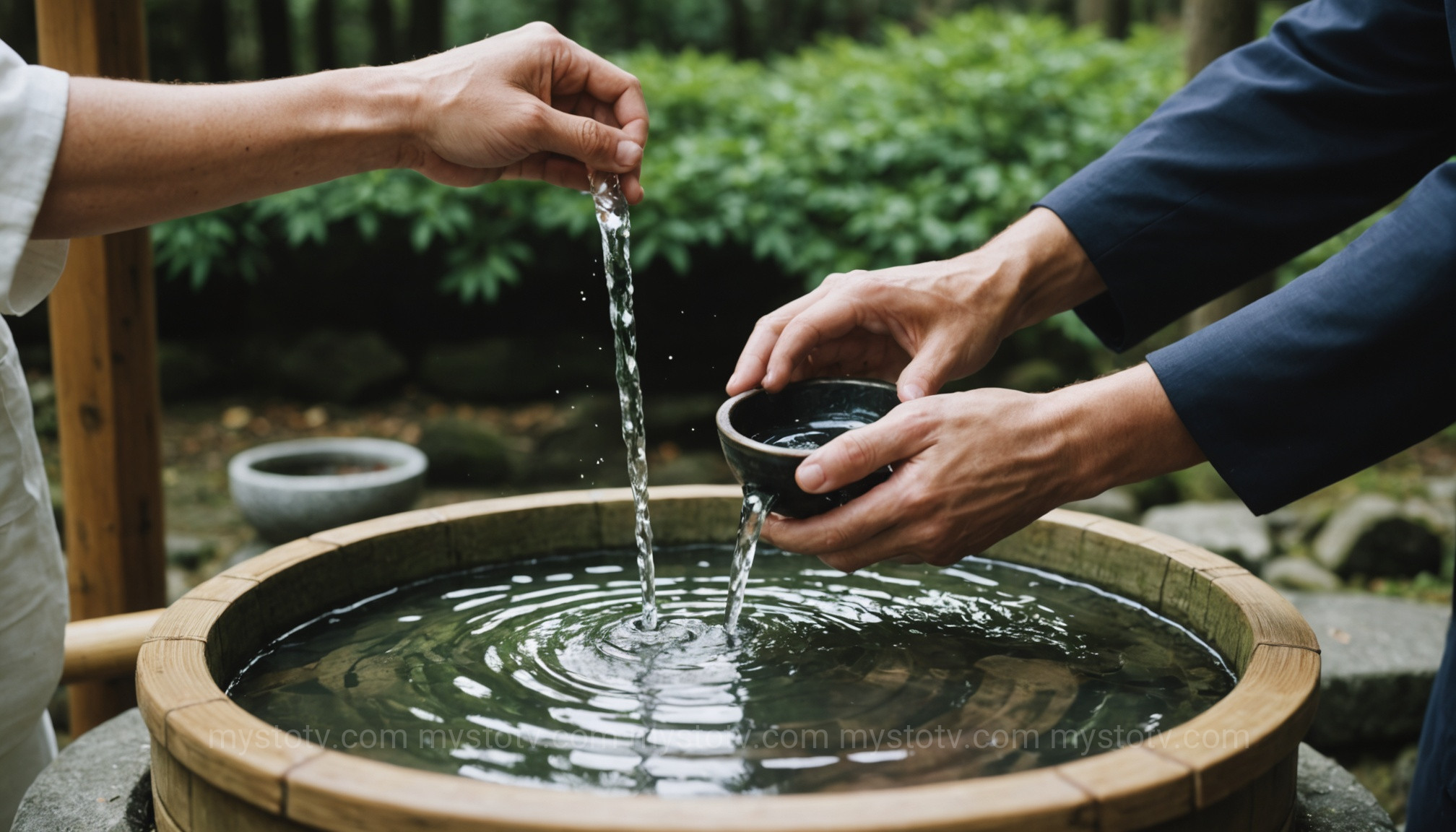 A visitor performing the purification ritual, a first step in interacting with the Shinto kami list.