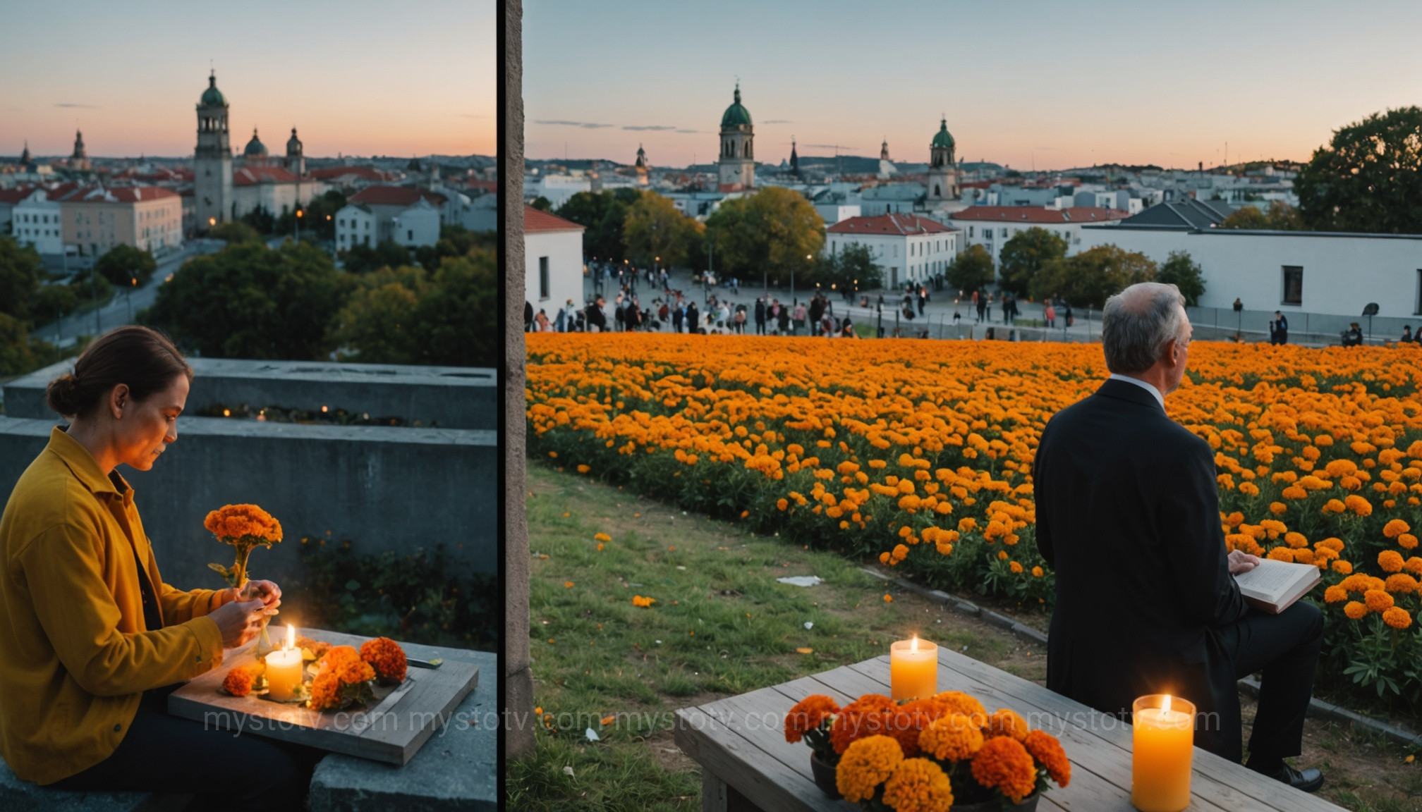 A visual comparison of cultural attitudes, contrasting a vibrant religious festival with secular solitude to illustrate regional differences in belief in afterlife statistics.