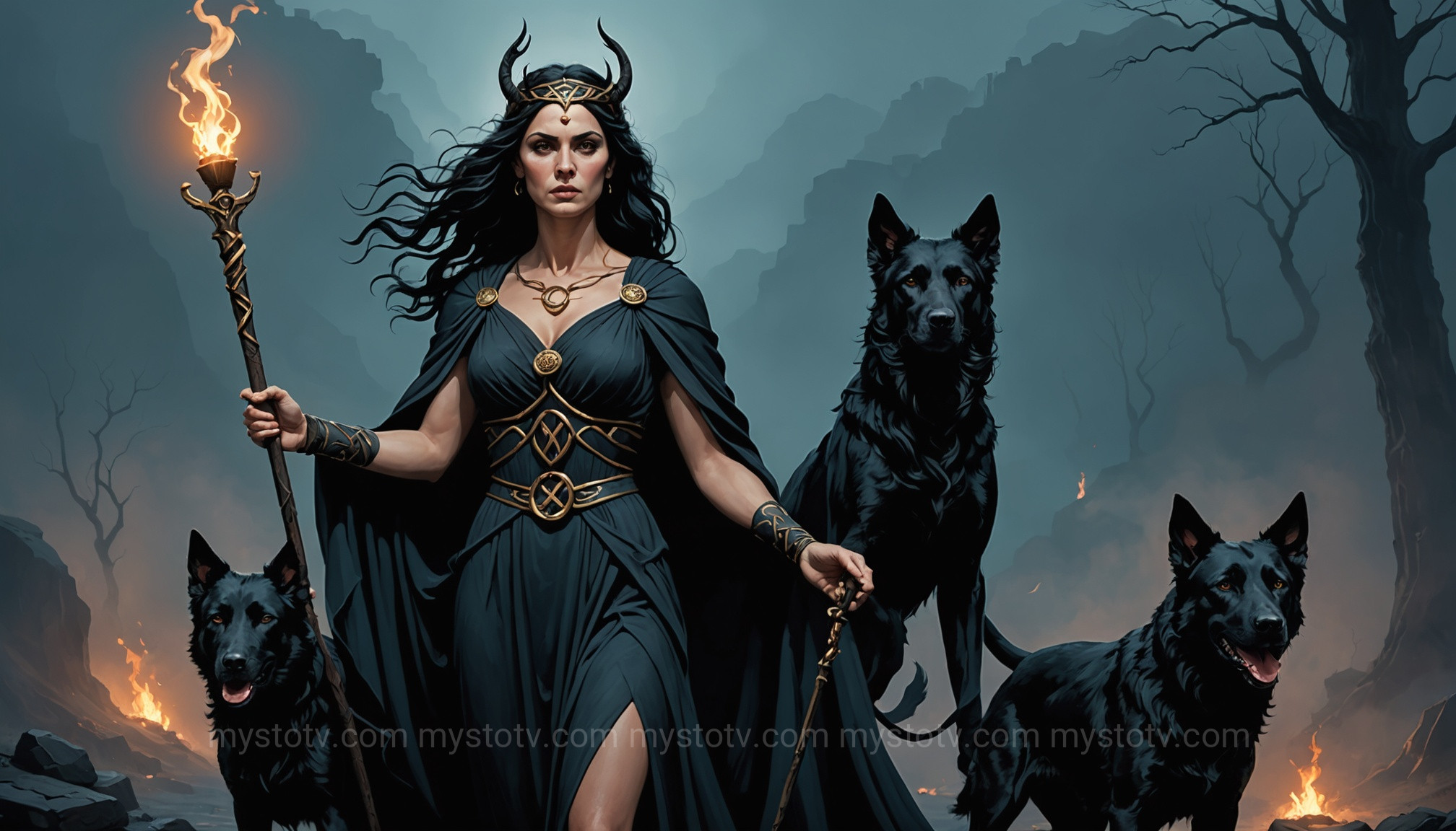 A visual representation exploring who is the goddess Hecate, showing her at a crossroads with her symbols: torches, a key, and a dog.