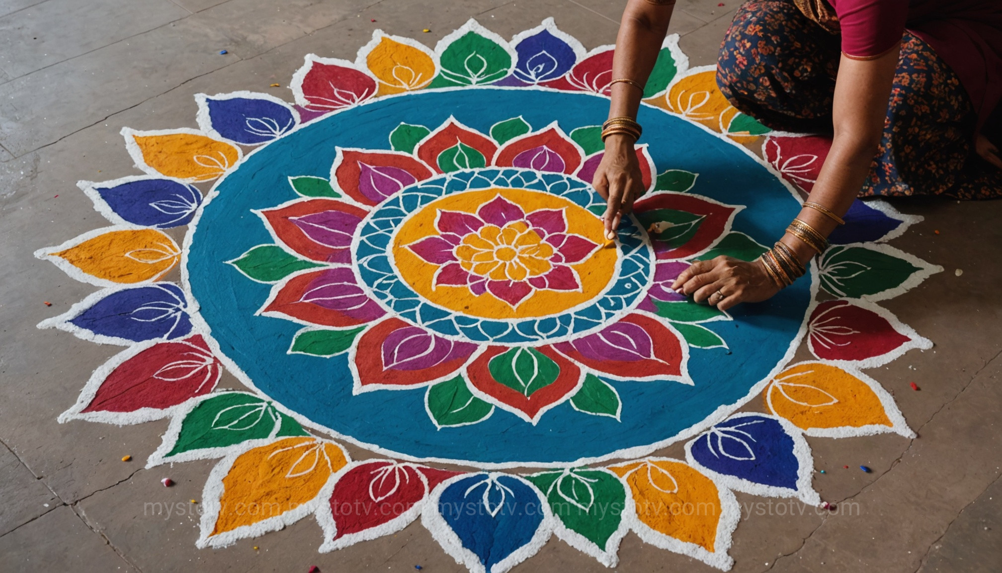 A woman creating a beautiful rangoli, a sacred art form for the diwali festival.