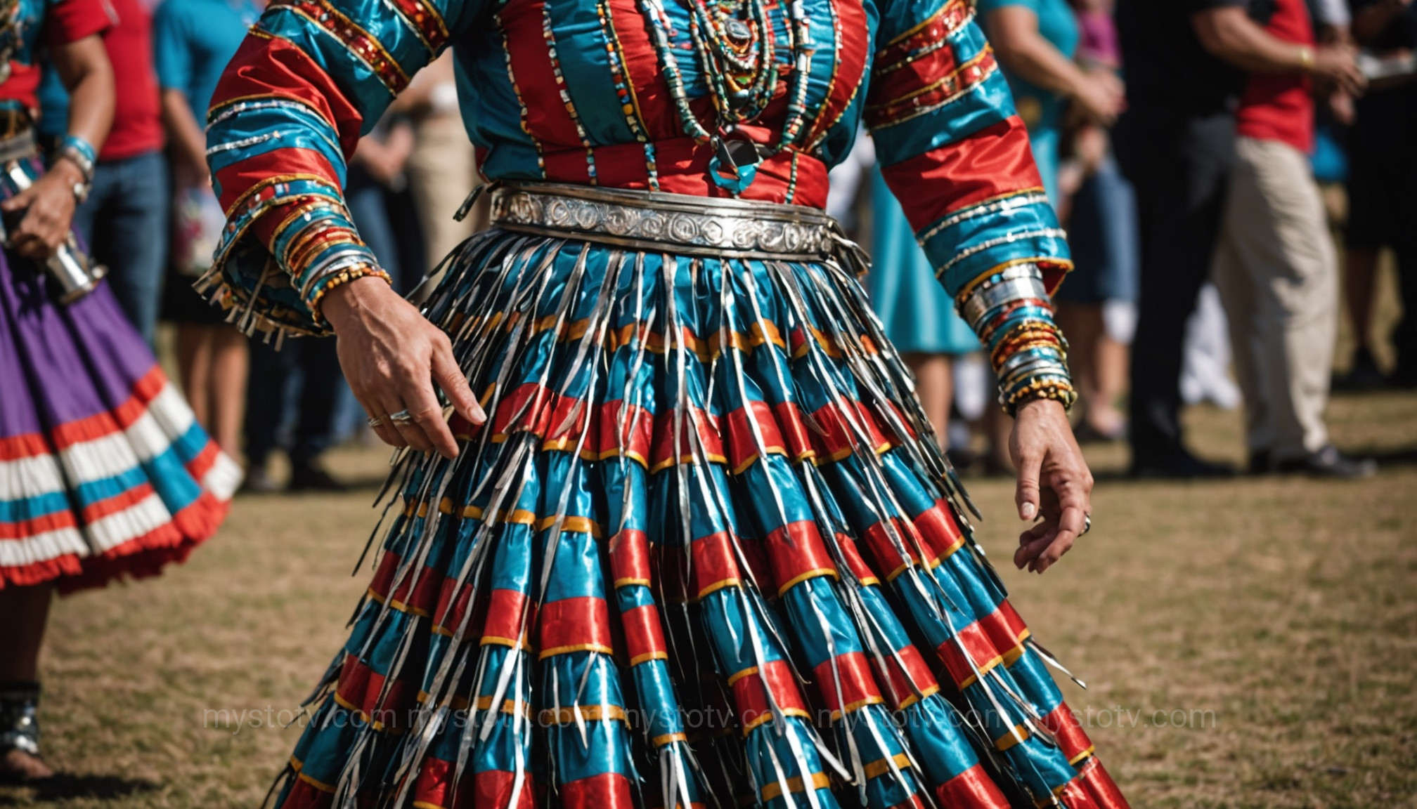 A woman in a colorful jingle dress, a healing style that explains what is a pow wow dance and its spiritual significance.
