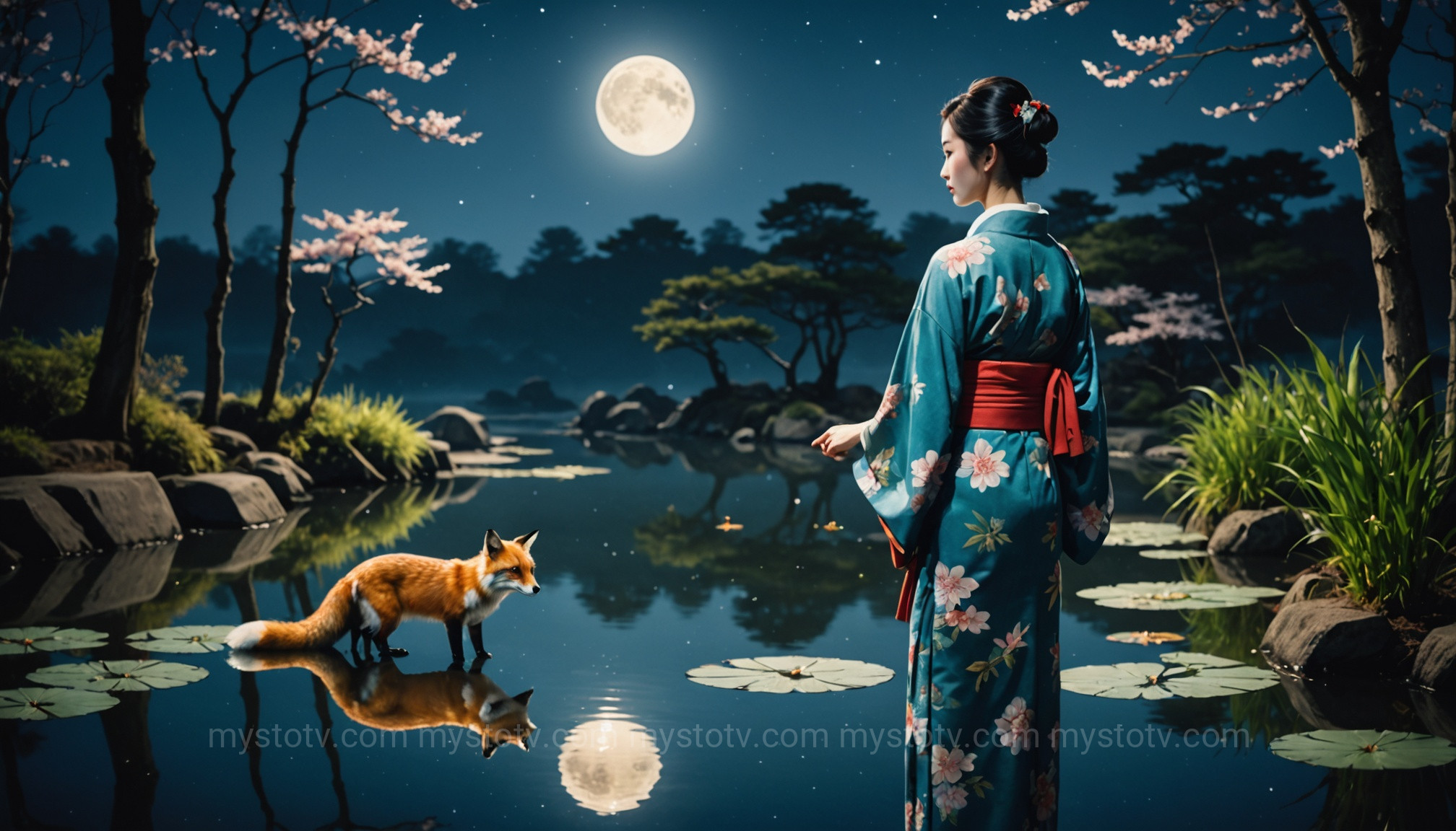 A woman\'s reflection reveals her true fox form, an example of shapeshifting (henge) in the Japanese kitsune myth.