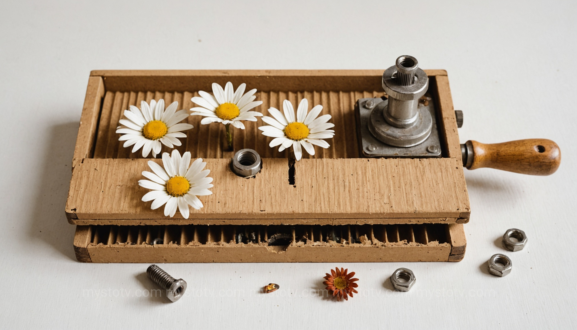 A wooden flower press opened to show the layers of cardboard and paper used in this method for how to press flowers.