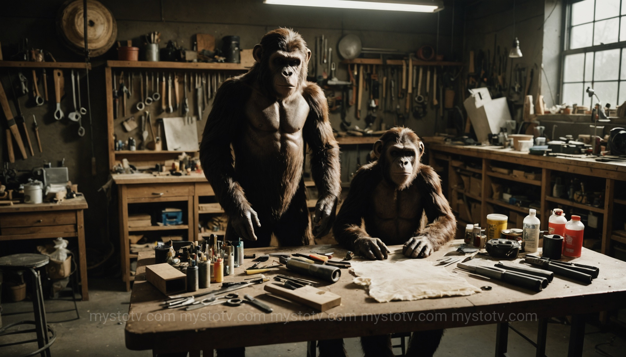 A workshop showing an ape costume being made, symbolizing the hoax theory in the Patterson-Gimlin bigfoot evidence analysis.
