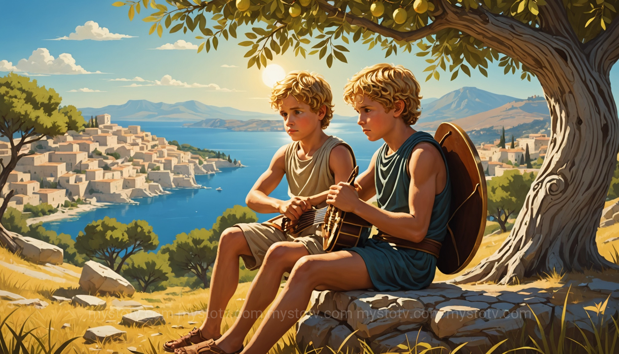 A young Achilles and Patroclus in an idyllic Greek setting, representing the beginning of the Achilles and Patroclus story.
