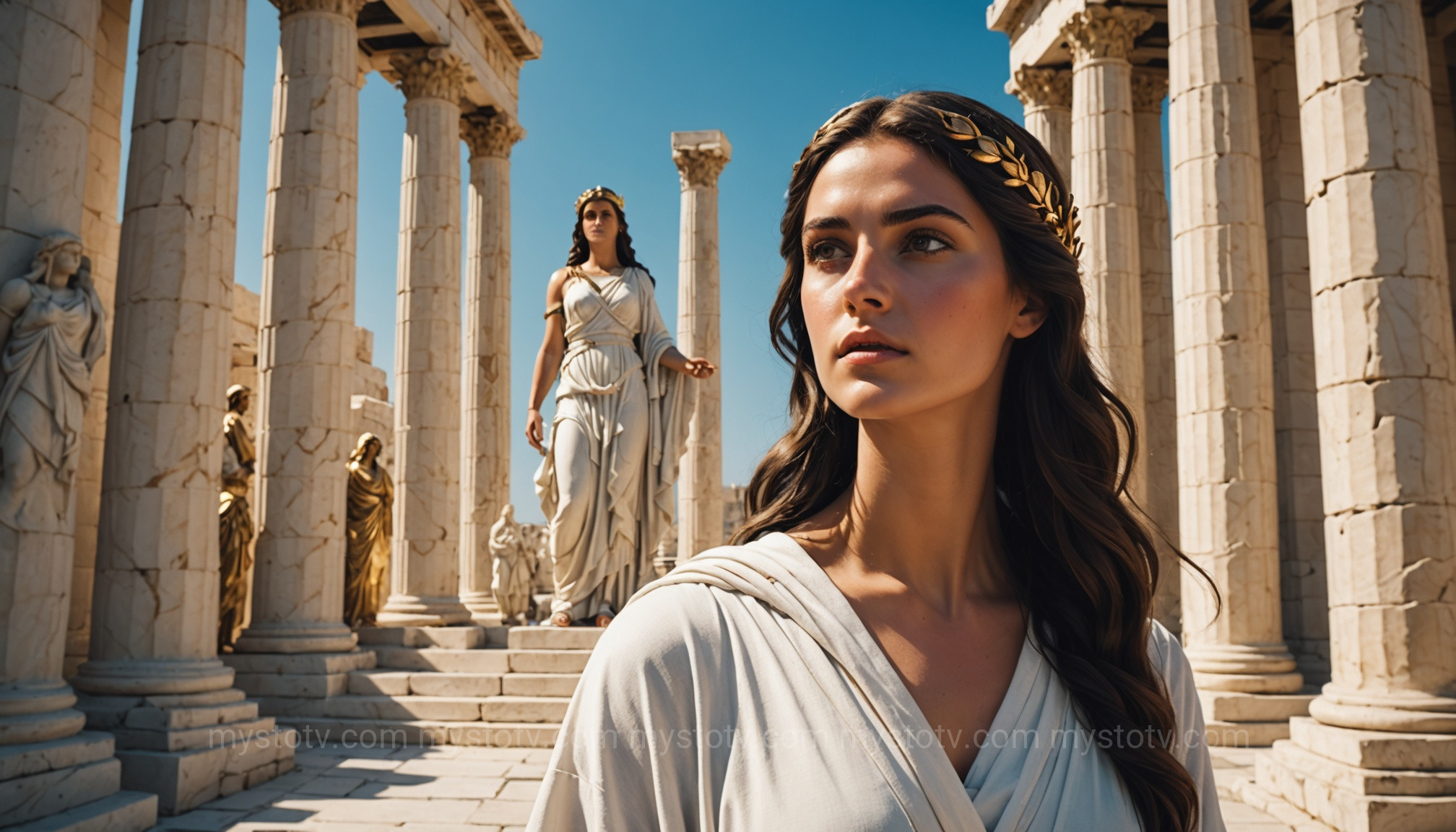 A young, beautiful mortal Medusa as a priestess in Athena\'s temple, illustrating the tragic Medusa story explained before her transformation.