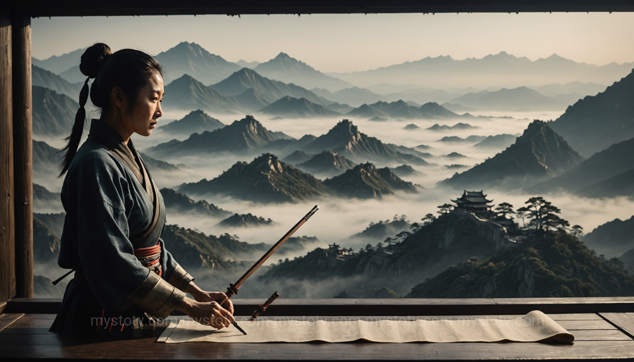 An ancient scroll depicting the real story of Mulan, showing her as a solitary warrior in traditional Chinese armor.