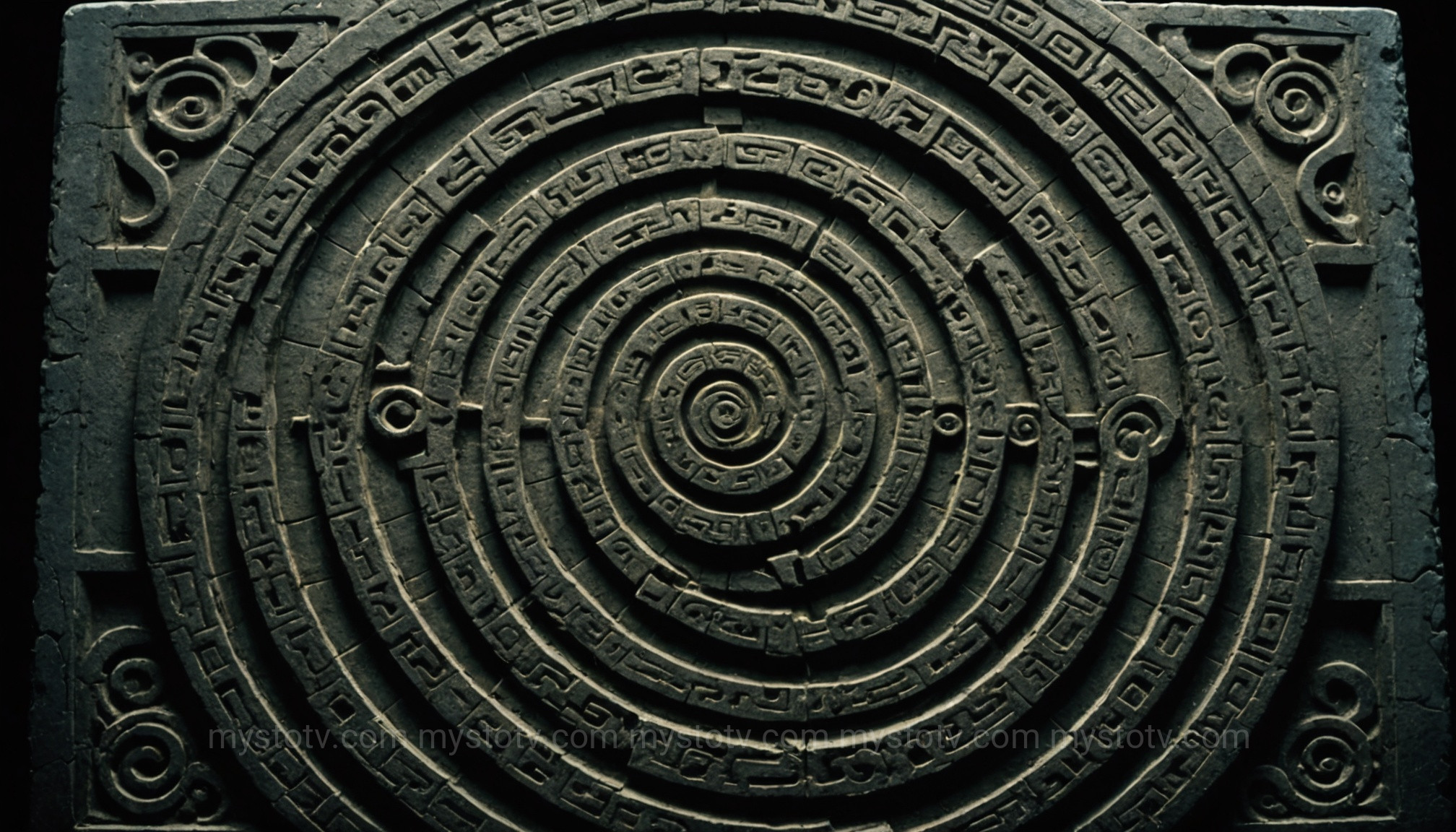 An ancient stone tablet showing a glowing spiral, a powerful geometric form among sacred symbols.
