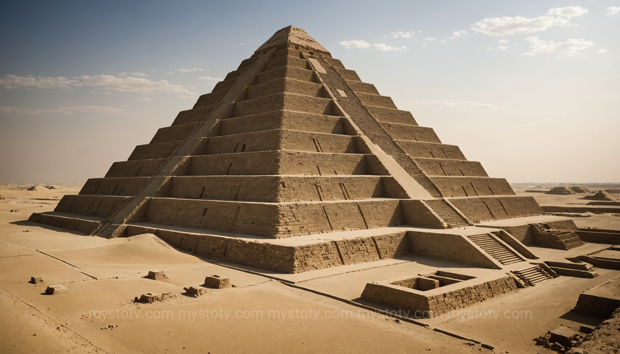 An architectural diagram showing how Imhotep designed the Step Pyramid of Djoser by stacking mastabas in several stages.