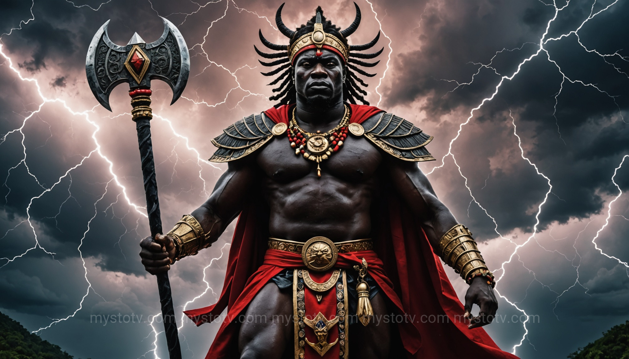 An artistic depiction of Shango, one of the most prominent intermediary African mythology deities from the Yoruba pantheon.