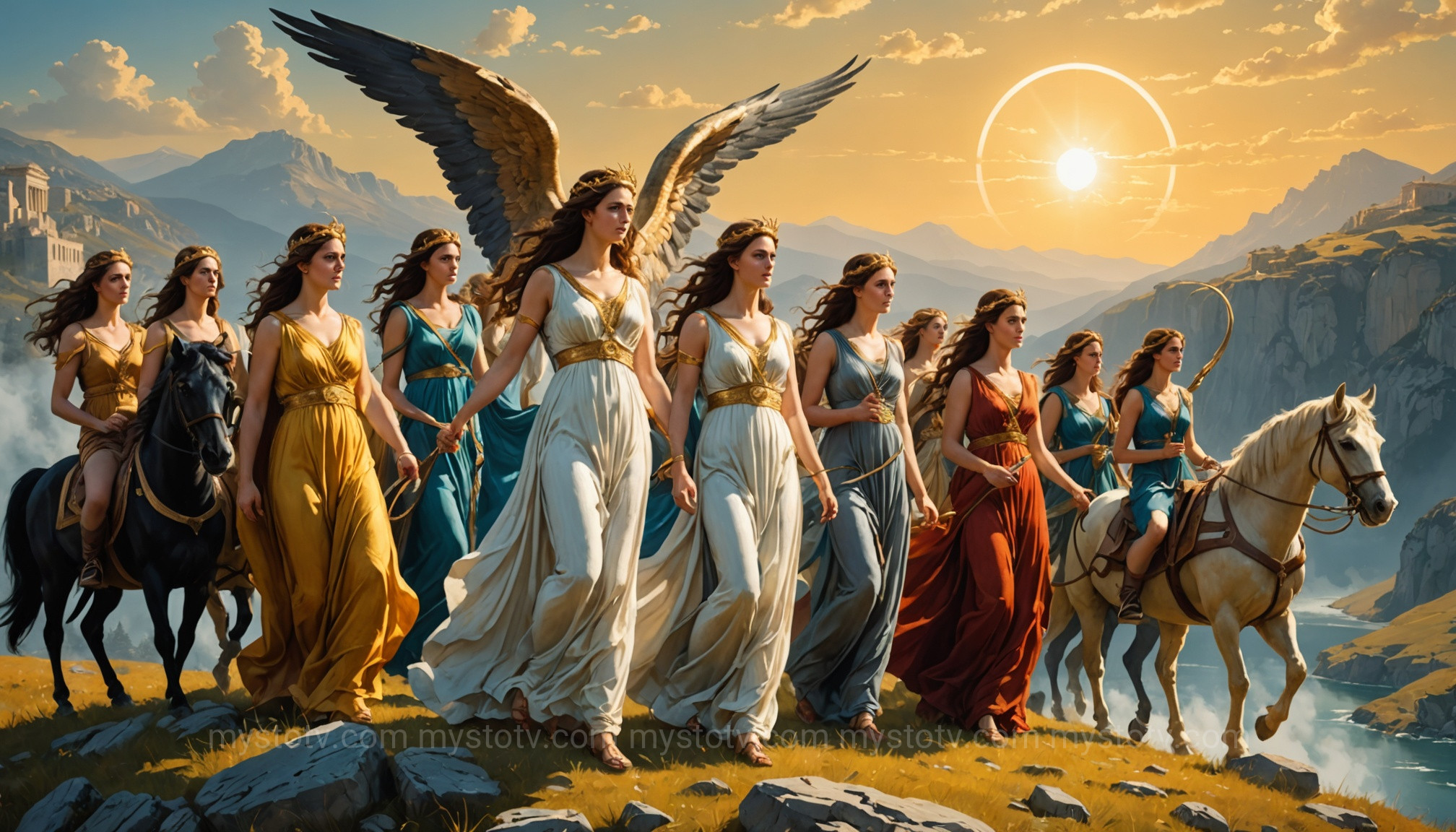 An artistic rendering showing the origins of the nine muses of Greek mythology on Mount Helicon.