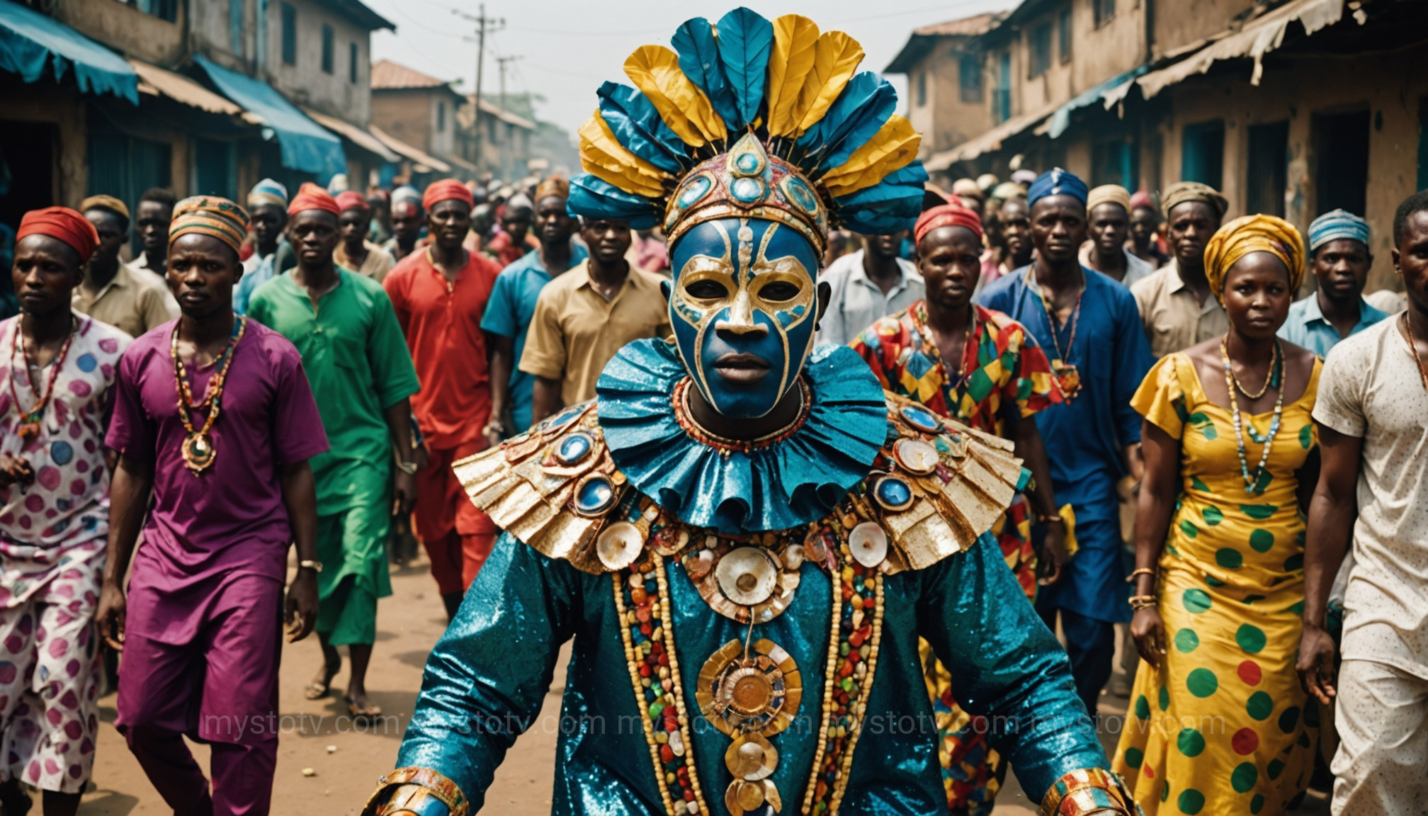 An Egungun masquerade representing the spirit of the dead during Yoruba ancestor worship practices in West Africa.