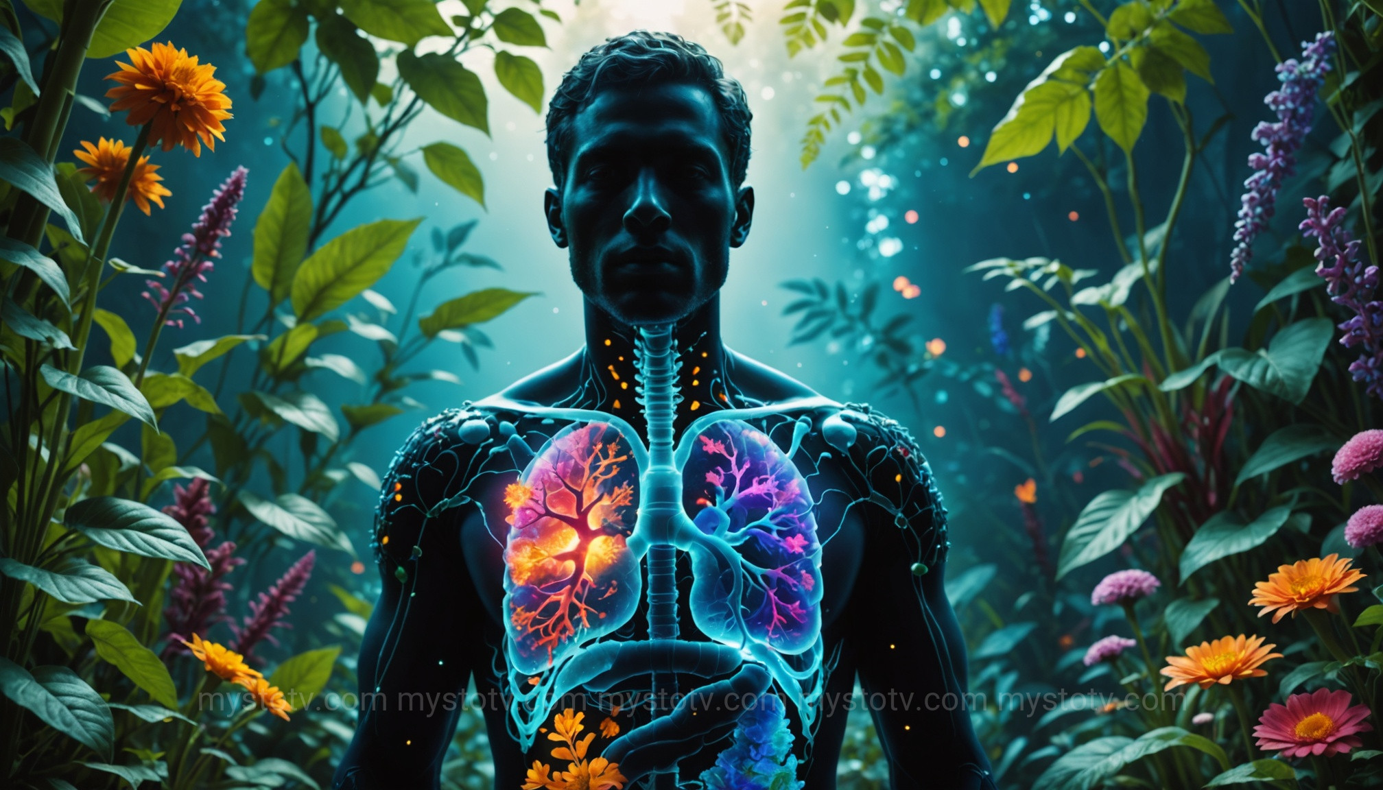 An illustration of a healthy gut garden inside a human silhouette, representing the importance of foods that improve gut microbiome for overall wellness.