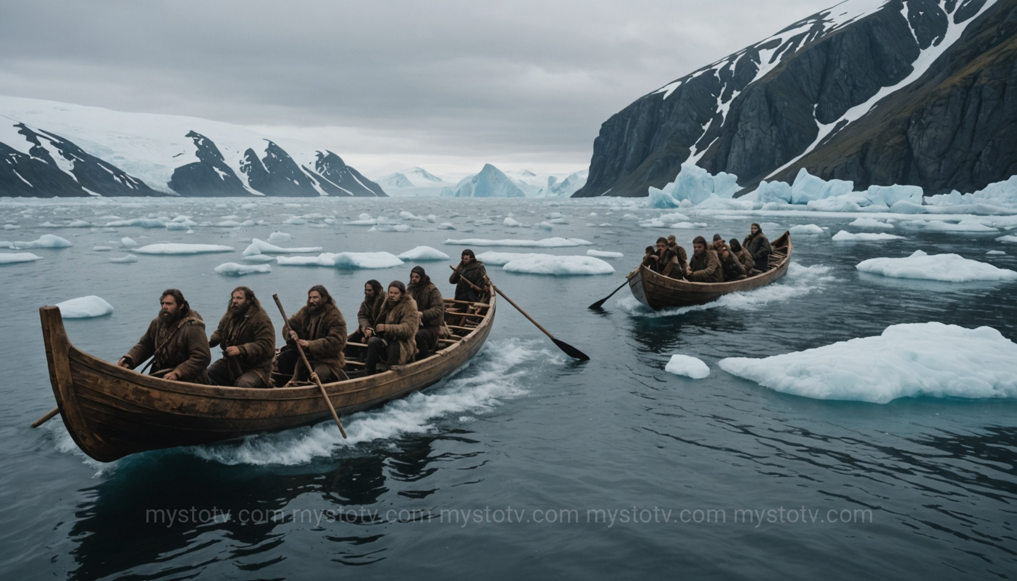 An illustration of the coastal migration theory, showing early peoples navigating the Pacific coast south of the Bering Land Bridge.