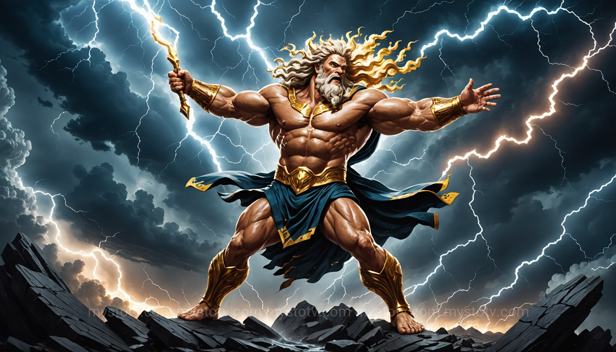 An image contrasting cosmic vs superhuman abilities, a key point in god vs demi-god differences, showing Zeus with lightning and Hercules wrestling a beast.