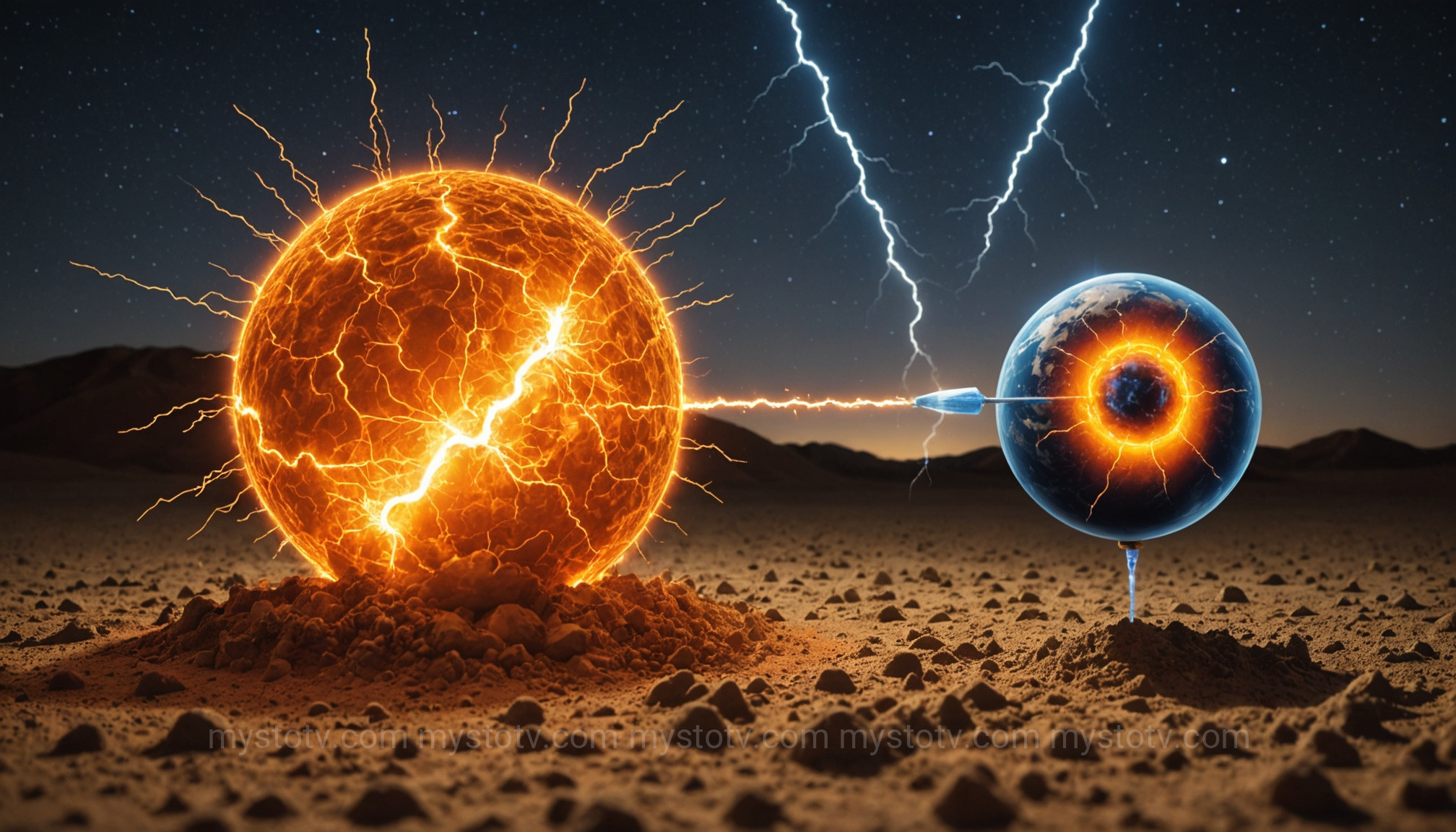 An infographic explaining the silicon nanoparticle hypothesis for the ball lightning phenomenon, showing lightning striking soil and creating a glowing orb.