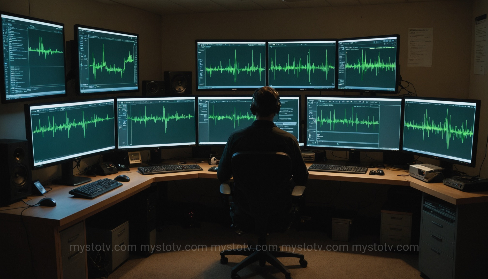 An investigator analyzing audio and video evidence as part of the post-investigation paranormal research methods.