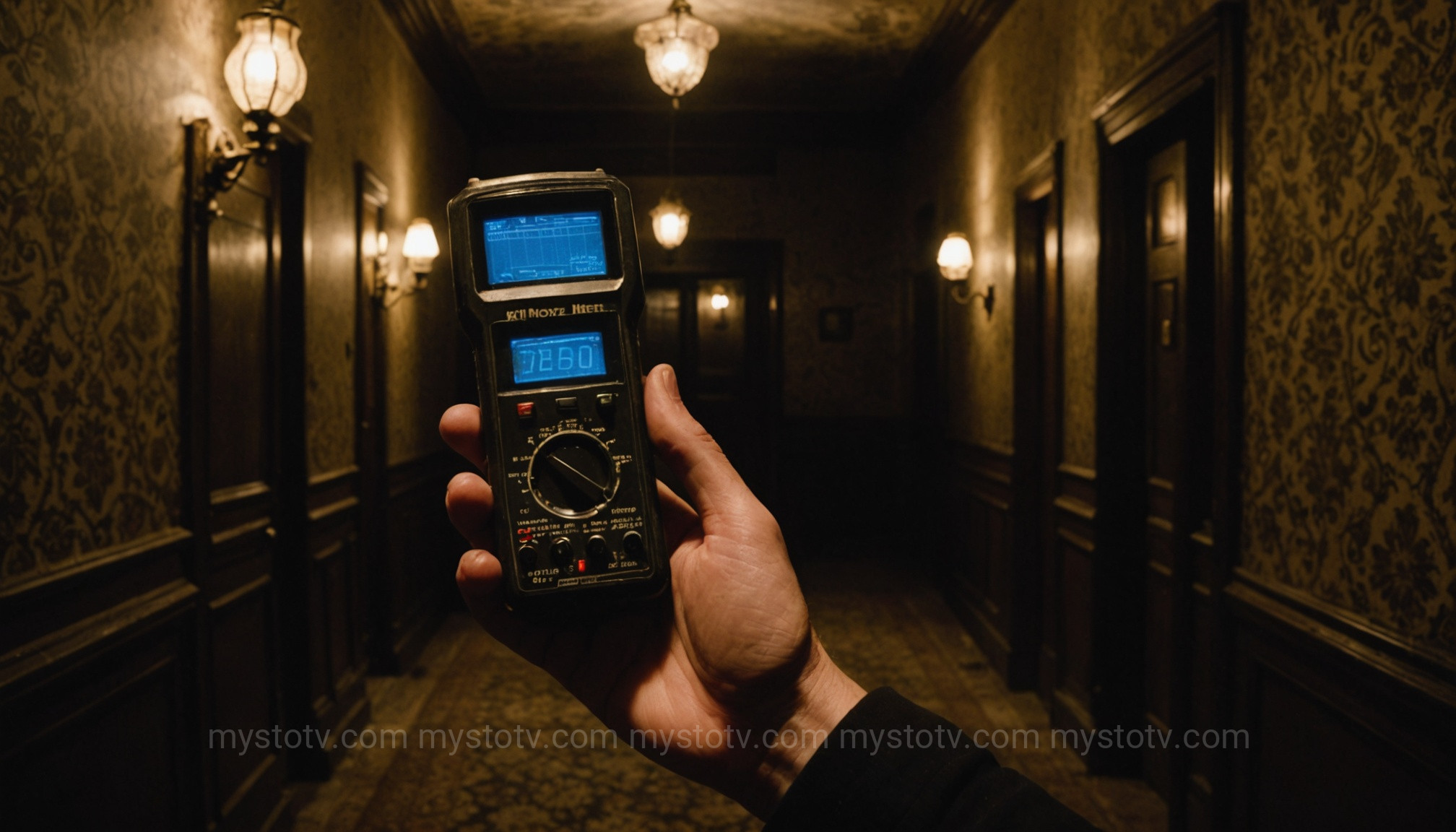 An investigator using an EMF meter, a key tool in instrumental paranormal research methods for detecting environmental anomalies.