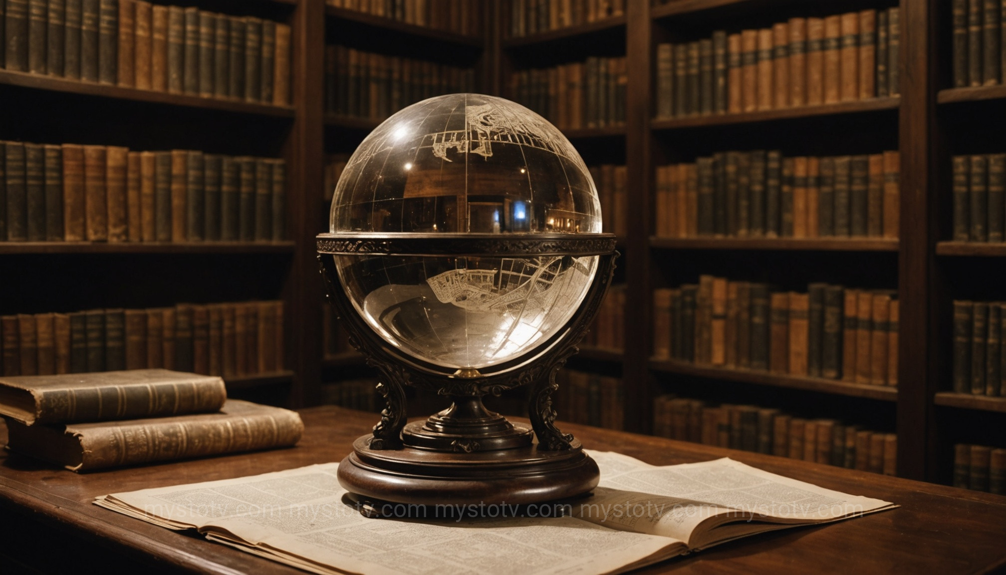 An old crystal ball in a library, illustrating the historical and symbolic crystal ball meaning in divination.