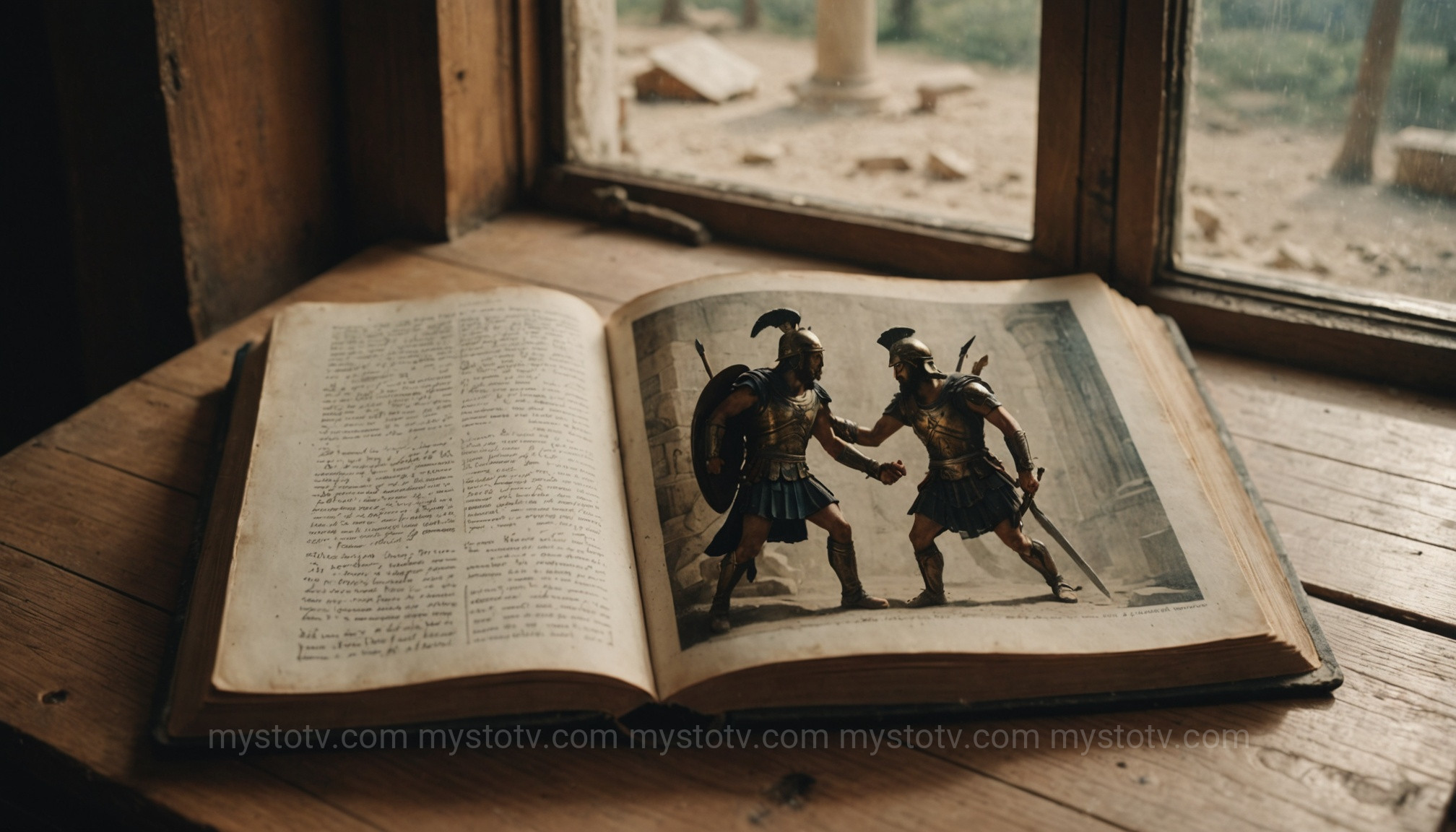 An open book showing a rendition of the Achilles and Patroclus story, symbolizing the novel\'s reinterpretation.