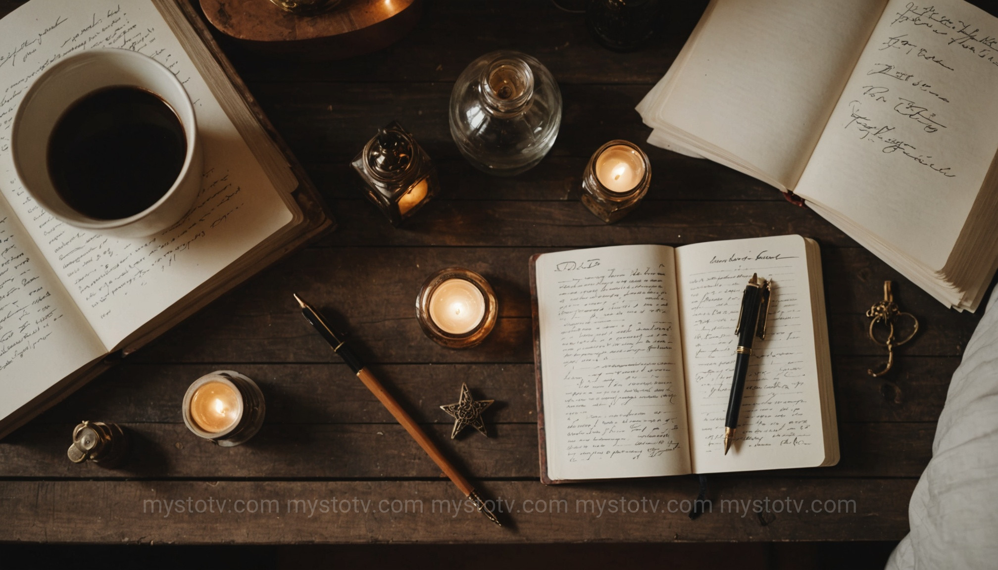 An open dream journal and pen on a table, a key tool for developing your clairvoyance ability in dreams.