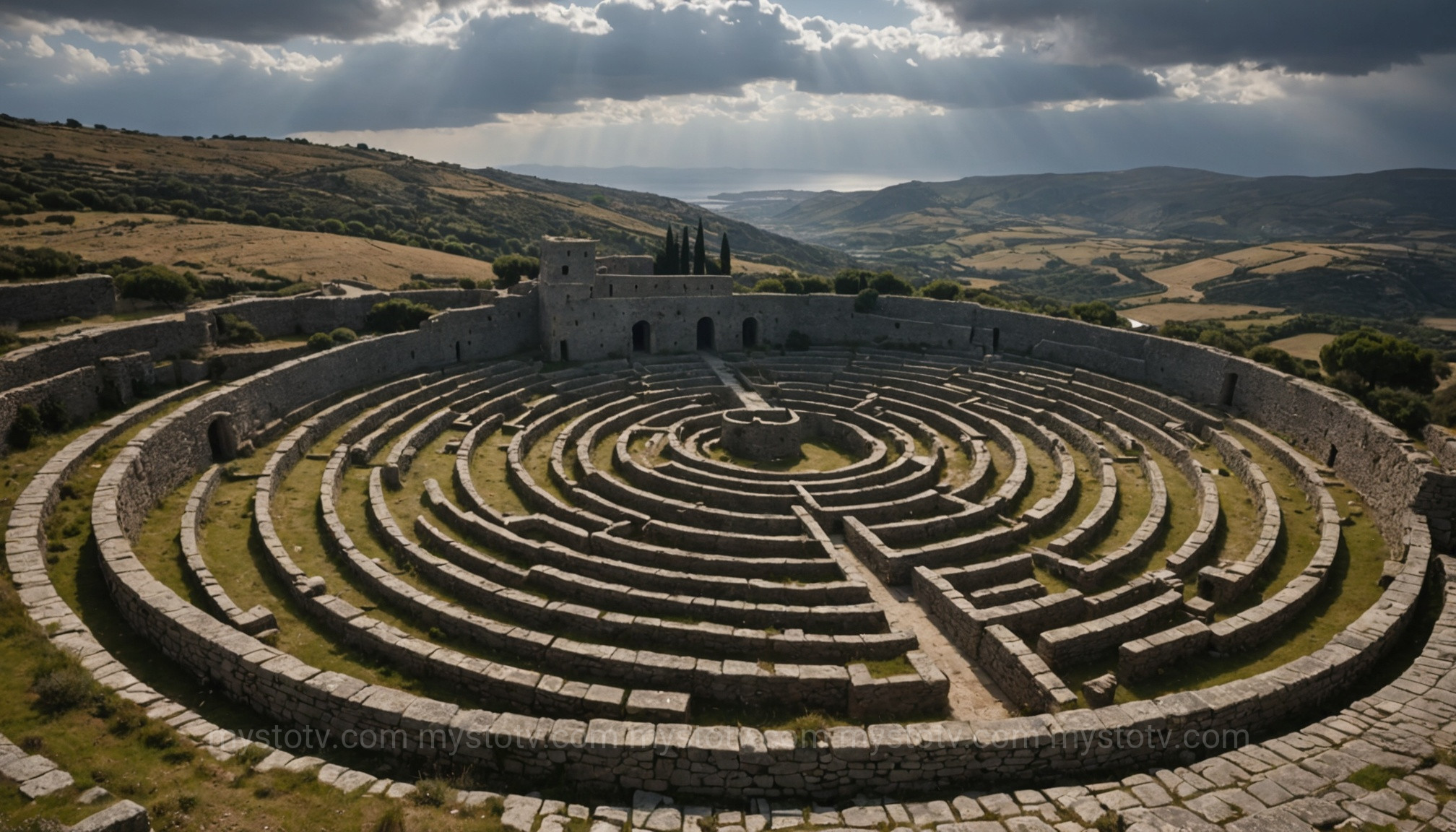 An overhead view of the Labyrinth in the full story of Icarus and Daedalus, with the shadow of the Minotaur at its core.