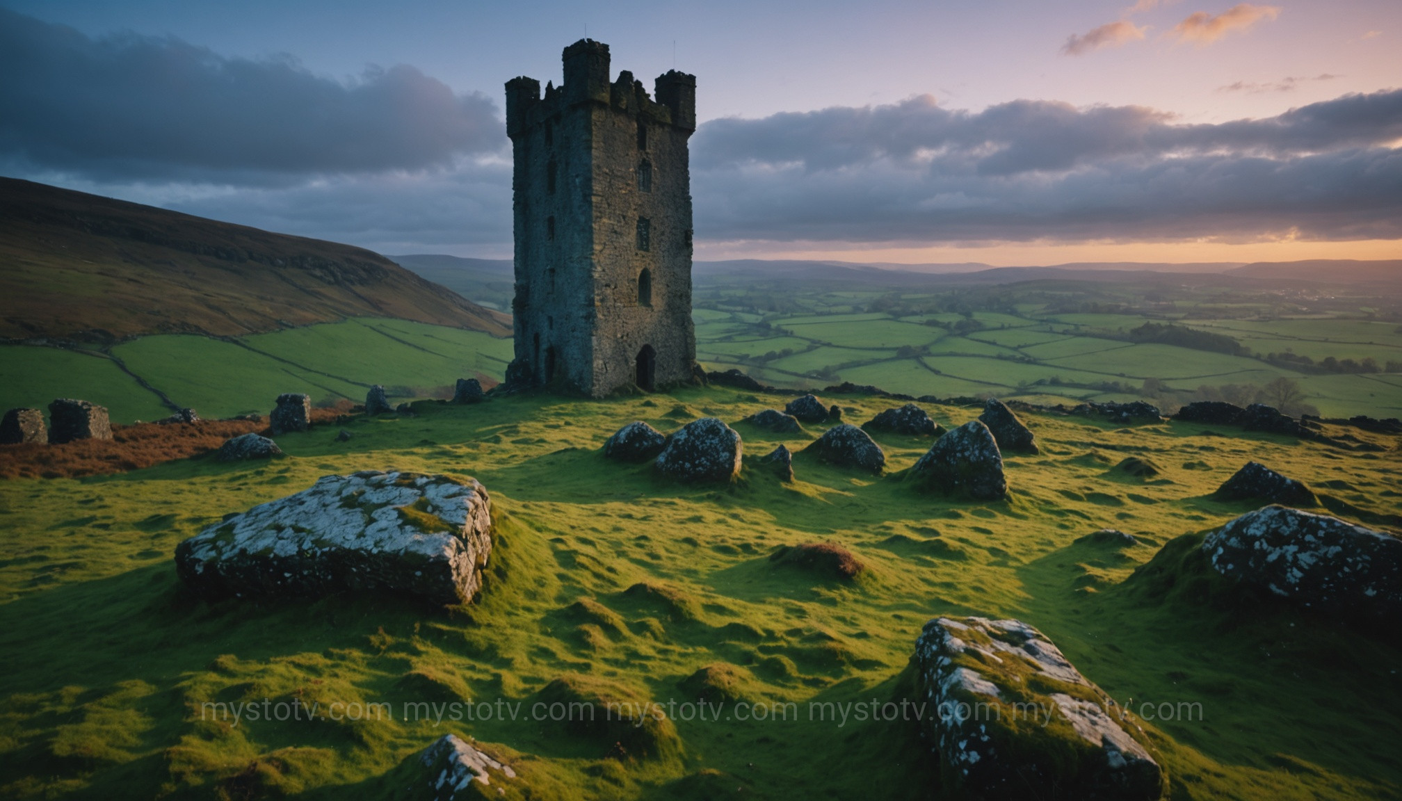 Ancient Irish tower at twilight, symbolizing the deep historical roots of the legend of the banshee.