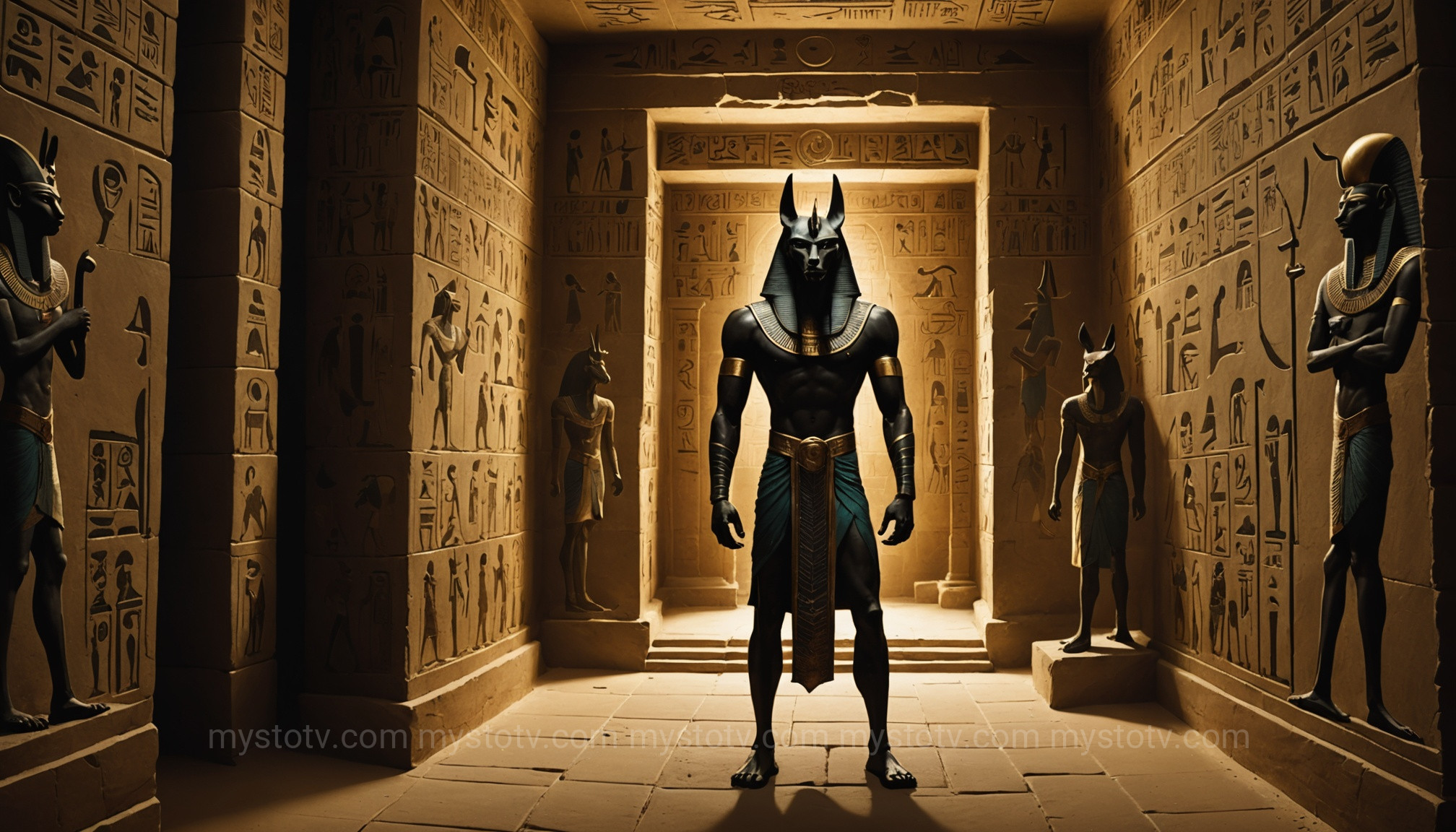 Anubis, the original lord of the underworld, stands in a tomb, representing one of the key anubis god of death facts about his early prominence.