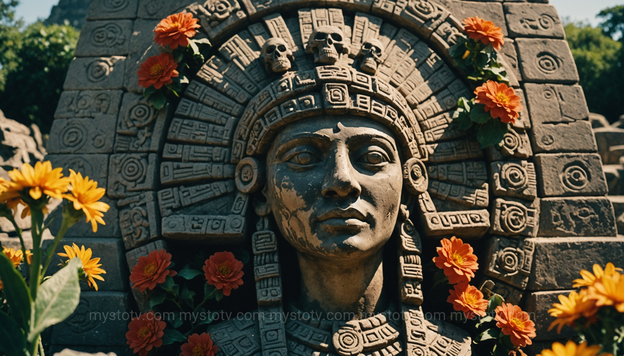 Aztec stone carving of a death goddess, illustrating the pre-Hispanic history of the Day of the Dead celebration.