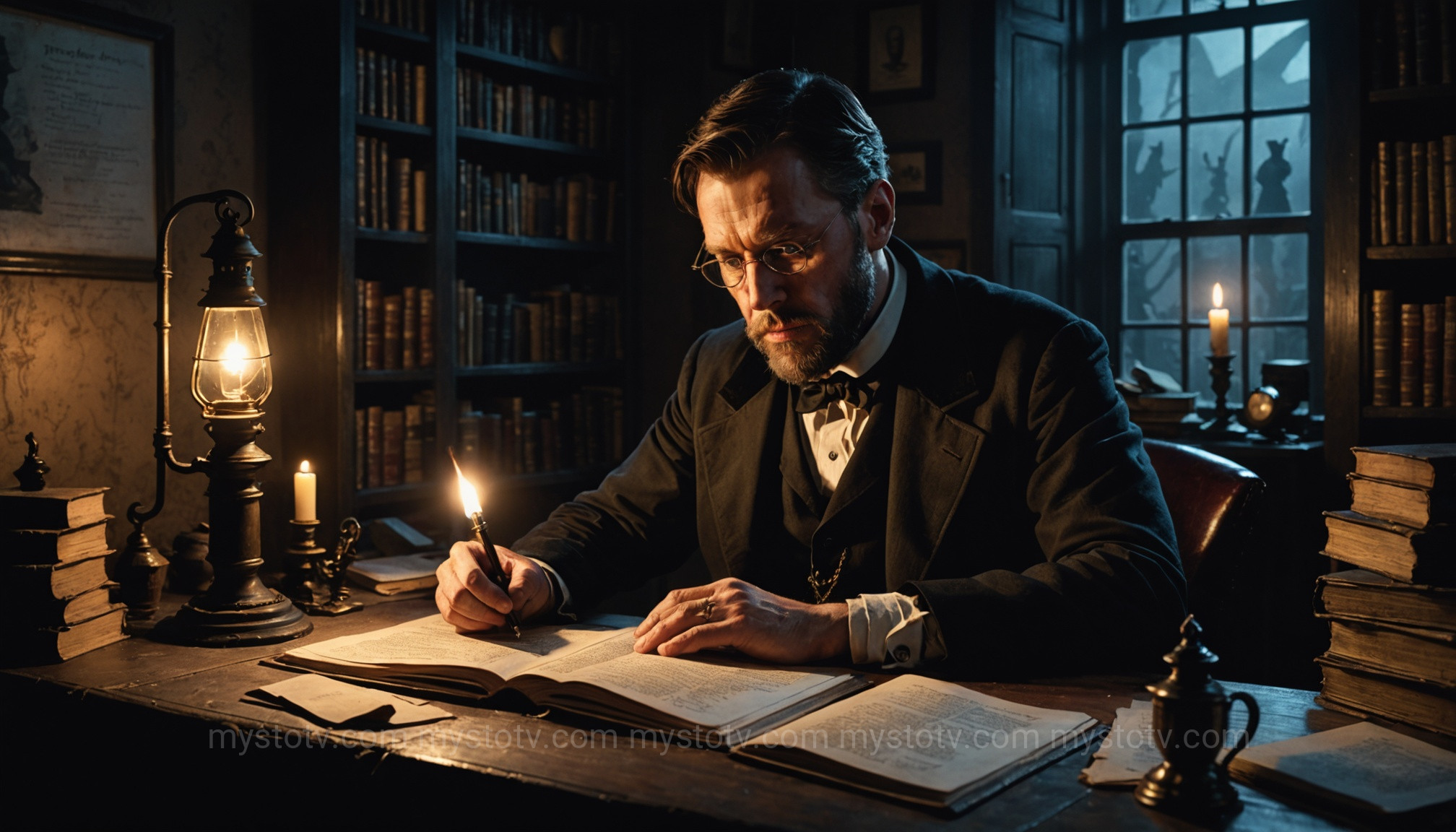 Bram Stoker in his study, researching the folklore that would become the literary half of the vlad the impaler dracula connection.