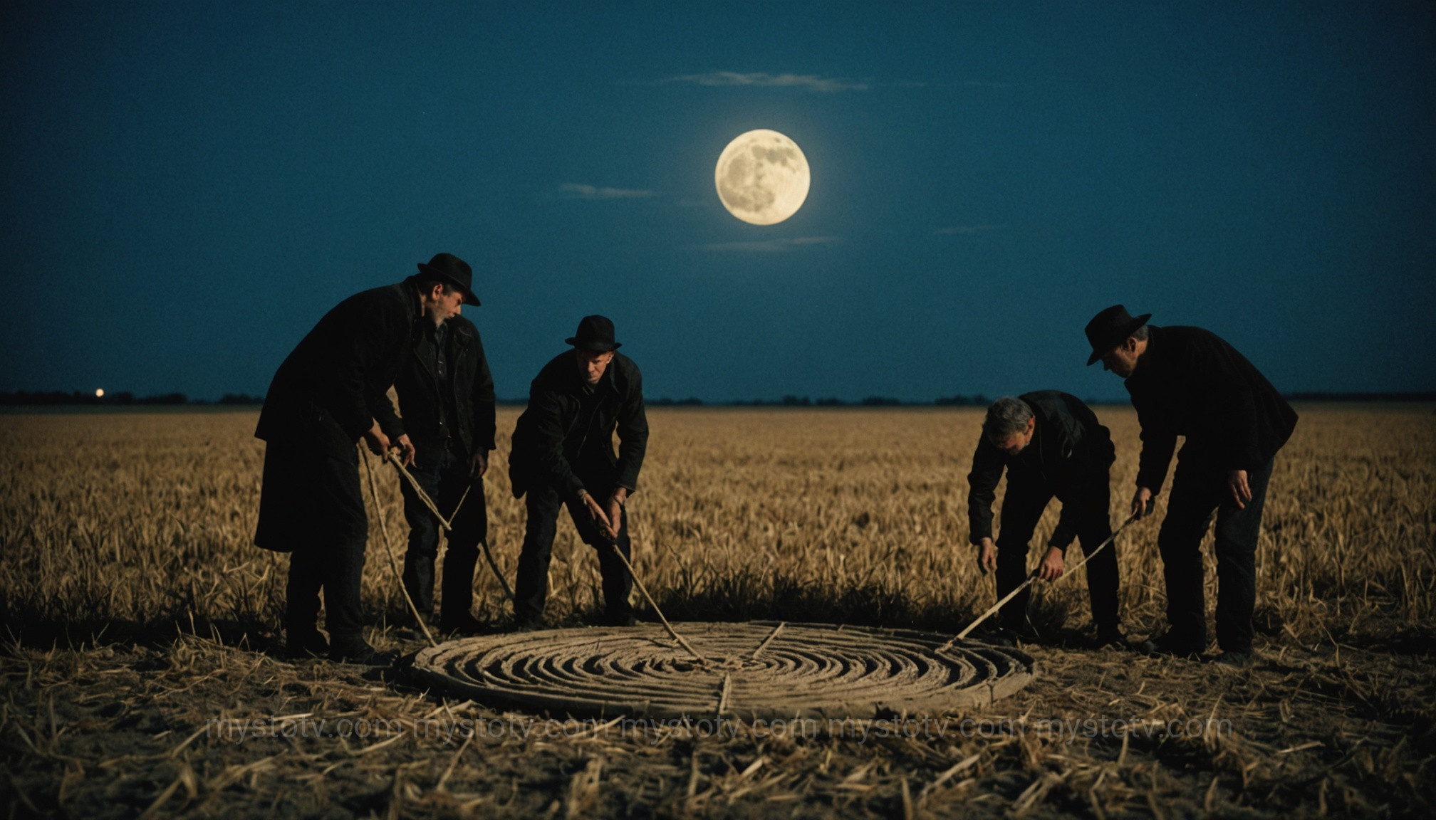 Circle makers at night using planks and ropes, showing the human element behind some crop circle image meaning and creation.