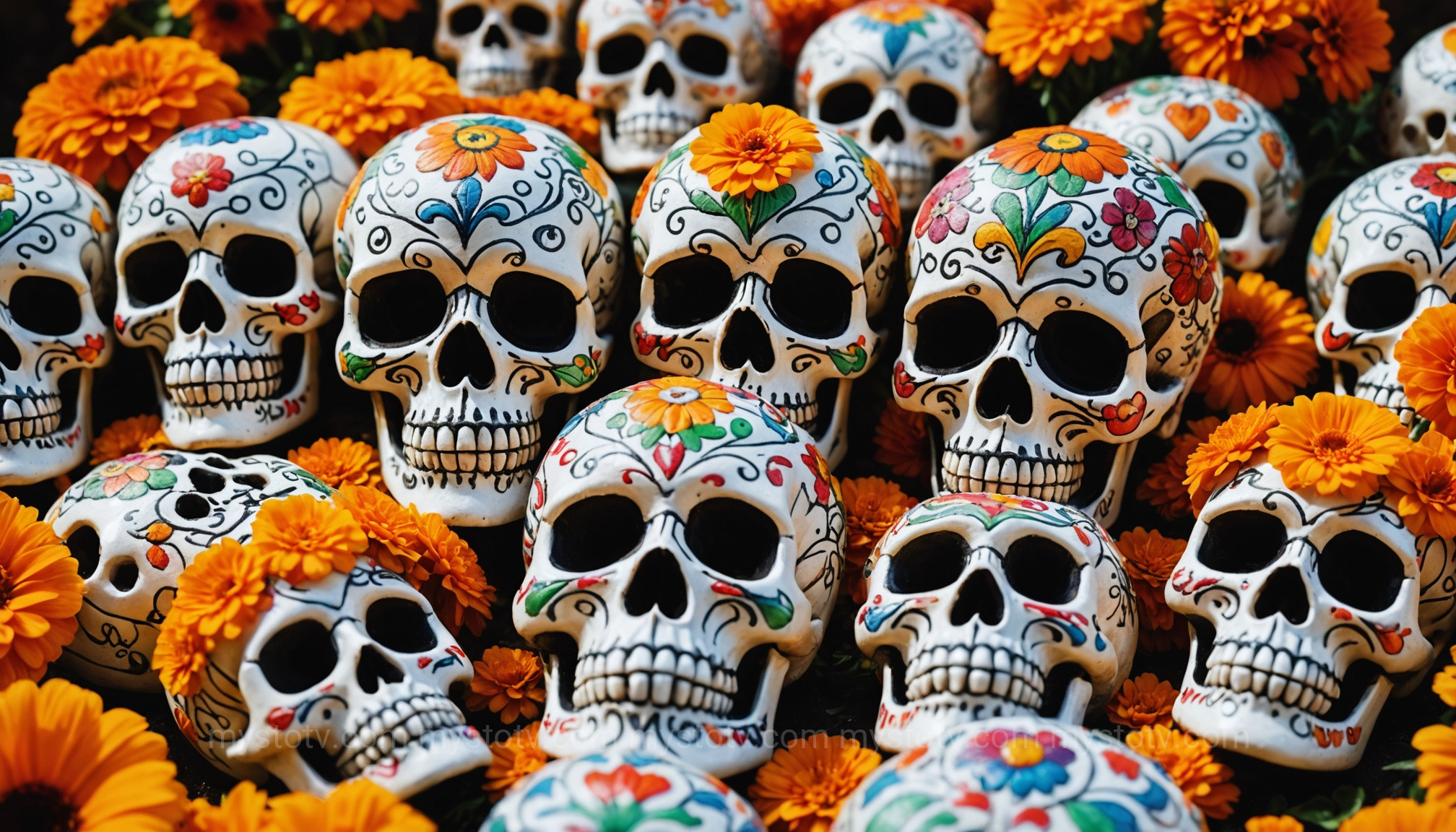 Colorful sugar skulls and bright orange cempasúchil flowers, two key symbols of the Day of the Dead.