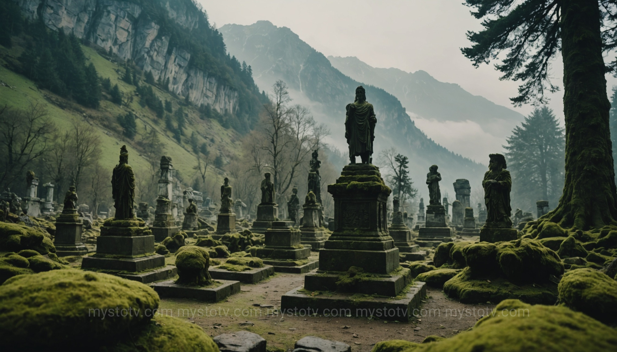 Crumbling statues representing some of the most forgotten Greek gods on a misty, overlooked slope of Mount Olympus.