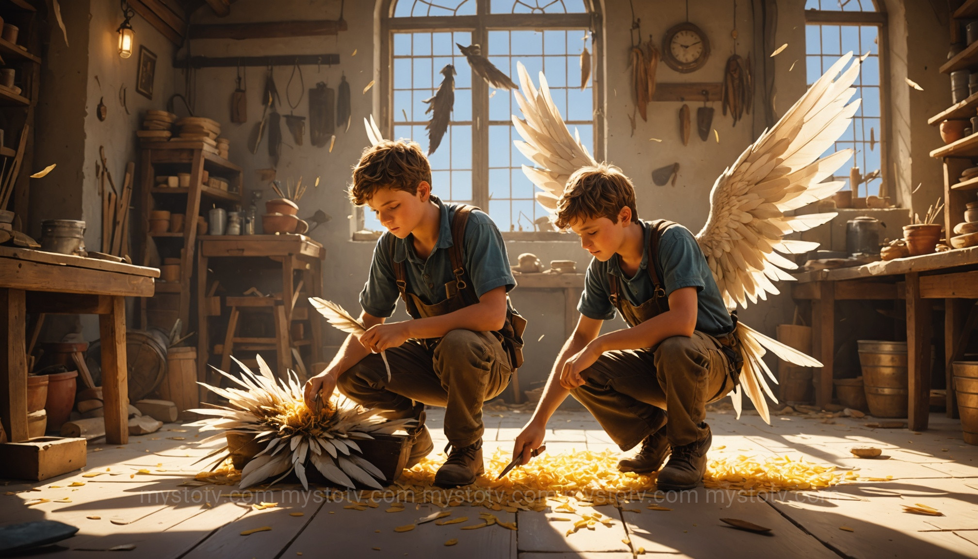 Daedalus and his son crafting the wax and feather wings, a pivotal moment in the story of Icarus and Daedalus\'s escape.