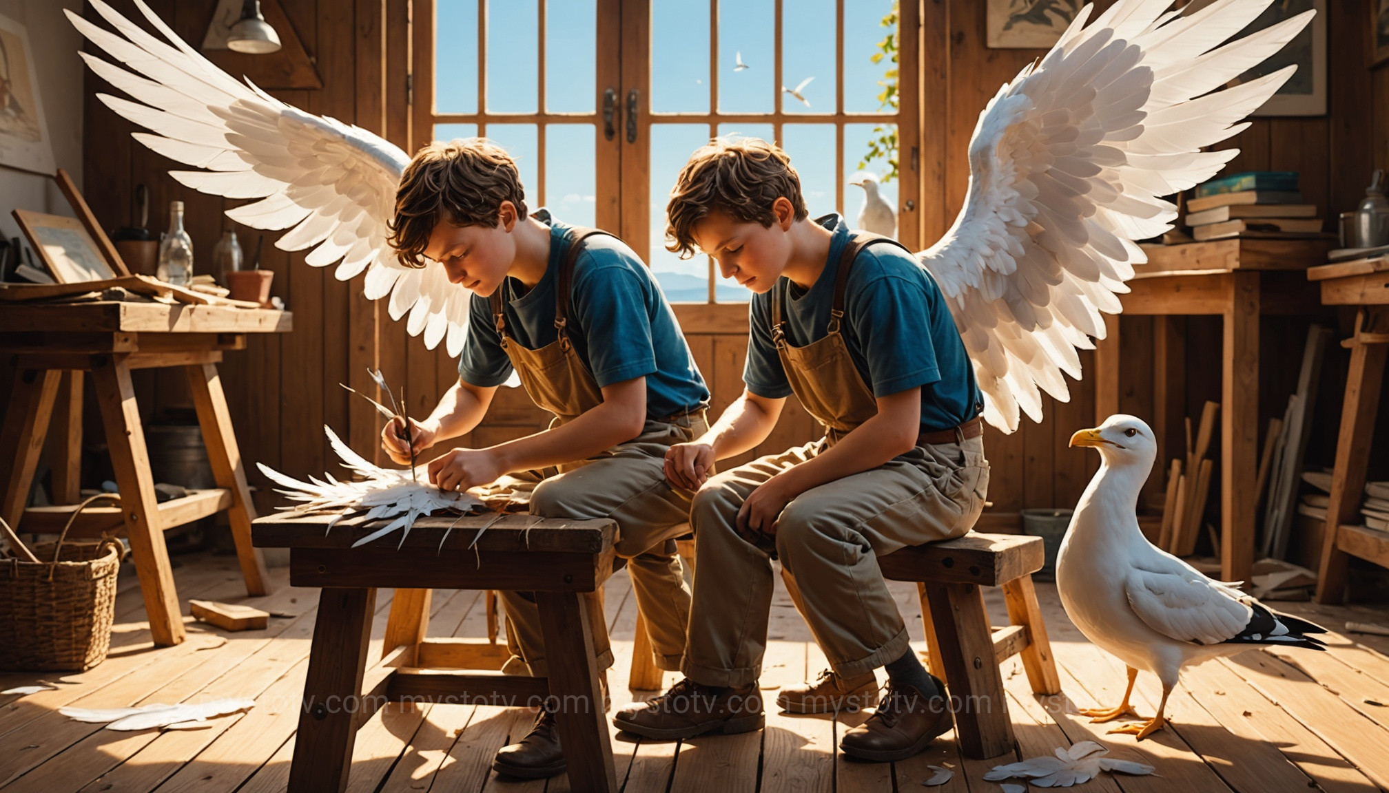 Daedalus crafts wings from feathers and wax, a key moment in the story of Icarus and Daedalus, while Icarus plays.