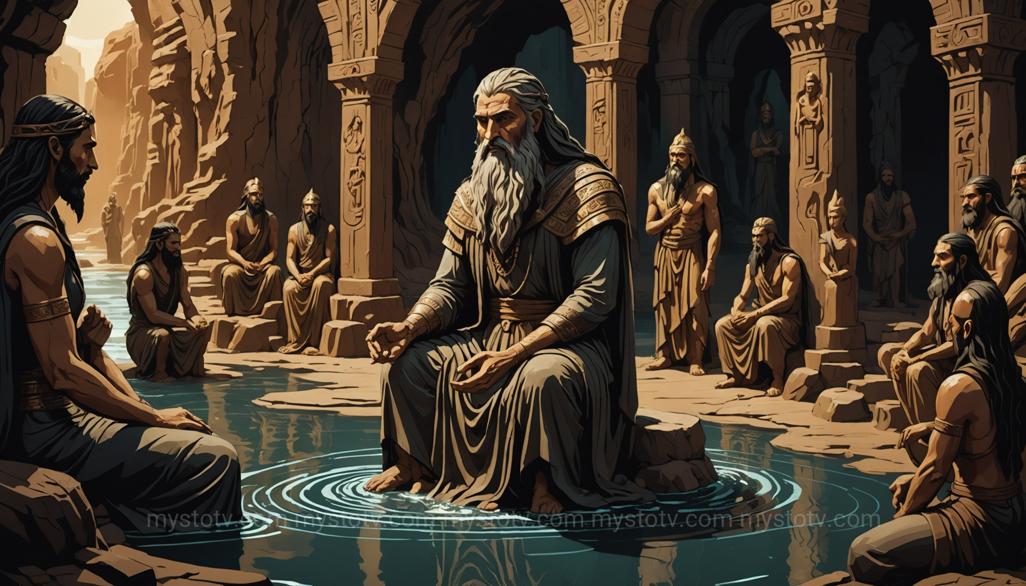 Enki and Ninhursag working together to create humanity from clay, a central scene in the Sumerian creation myth.
