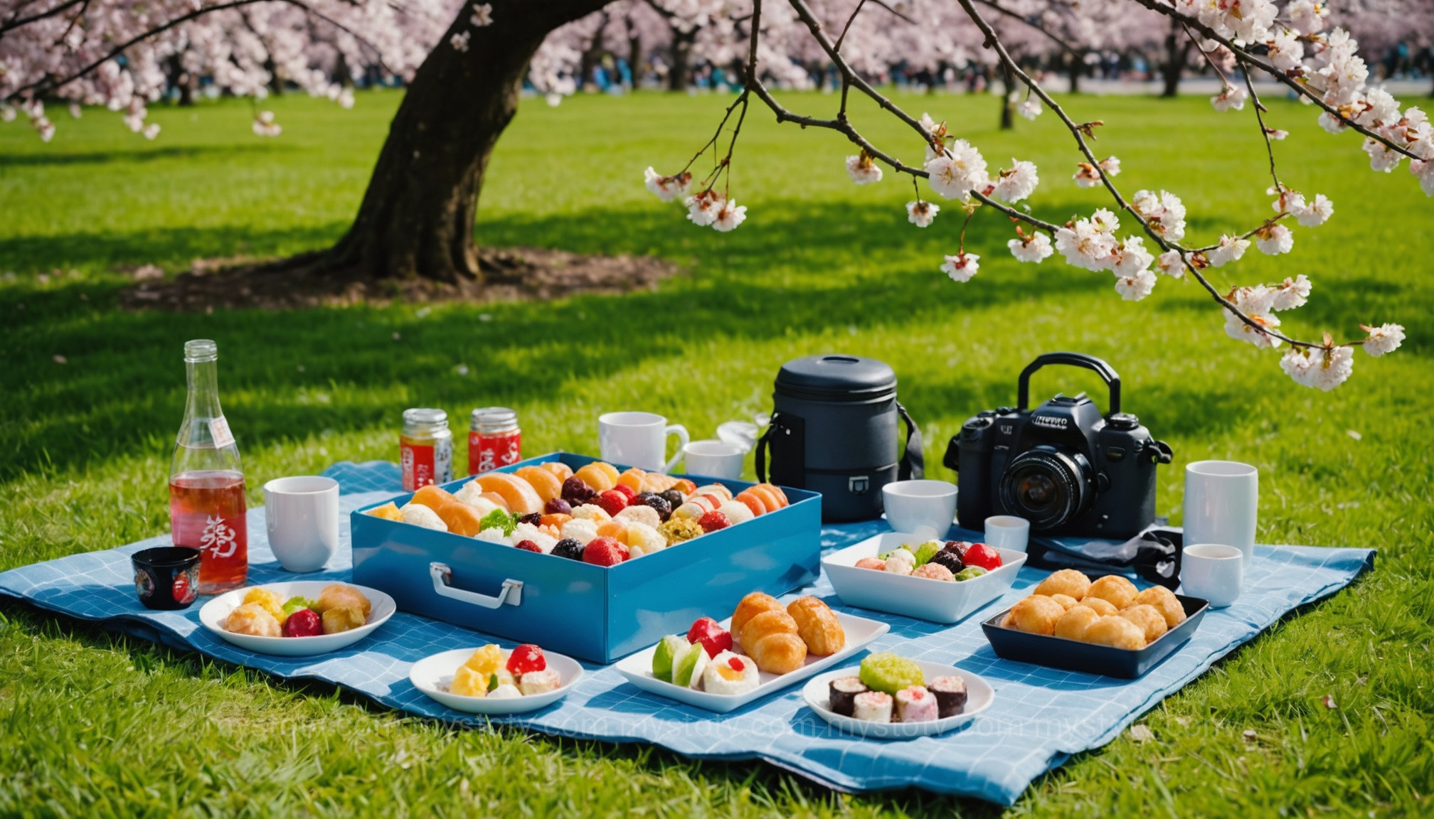Essential items for a perfect hanami cherry blossom picnic, including bento, sake, and a tarp.