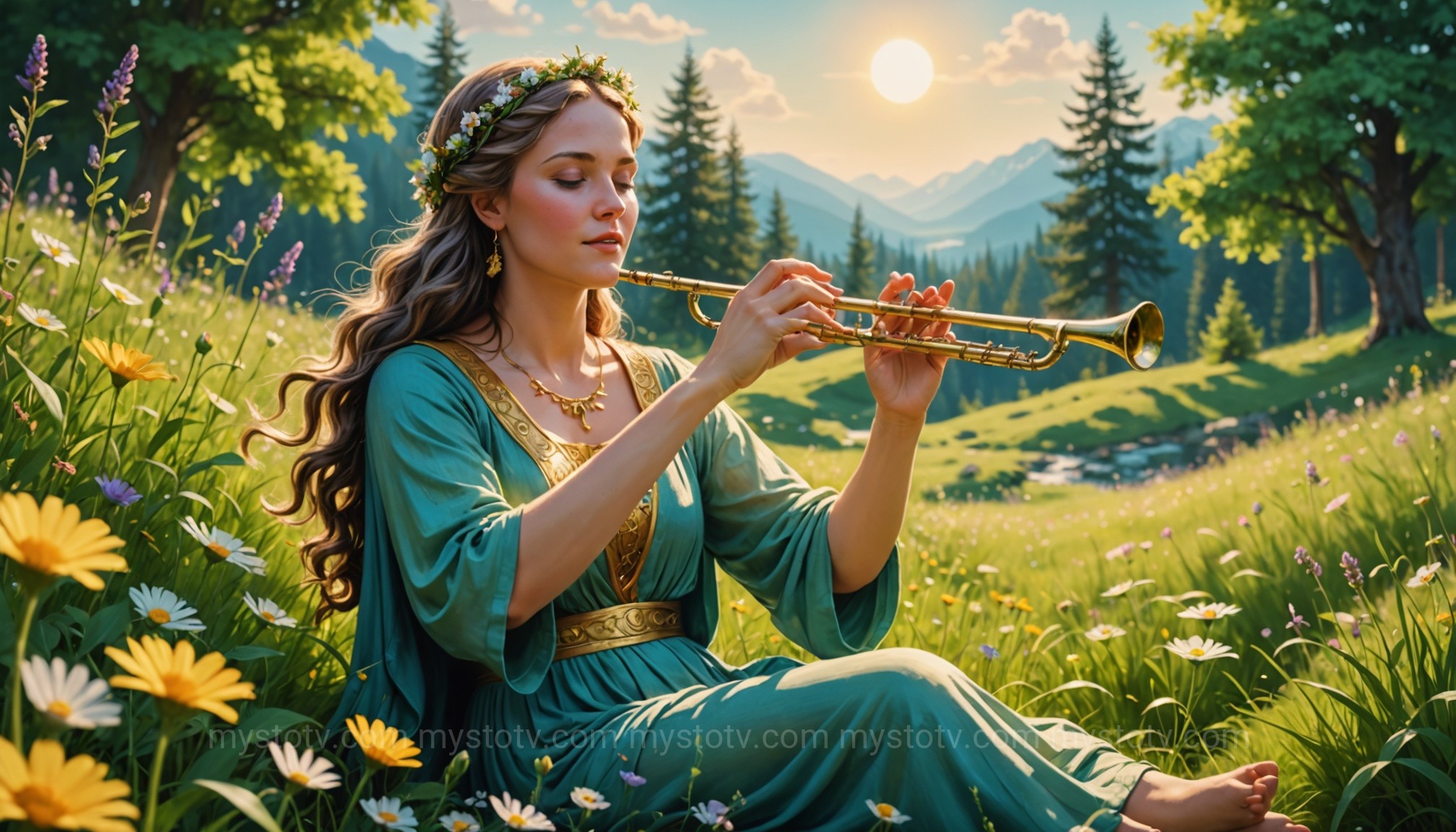Euterpe, the muse of music from the nine muses of Greek mythology, playing her aulos.