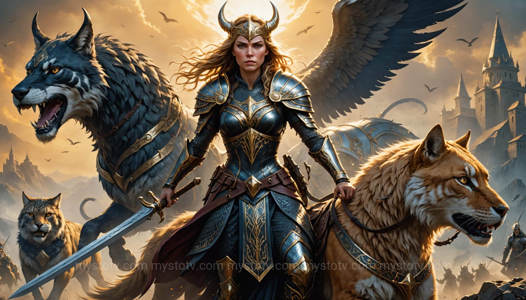 Freya as a war goddess in her chariot, highlighting the Norse goddess Freya significance in battle and her role as chooser of the slain for Fólkvangr.