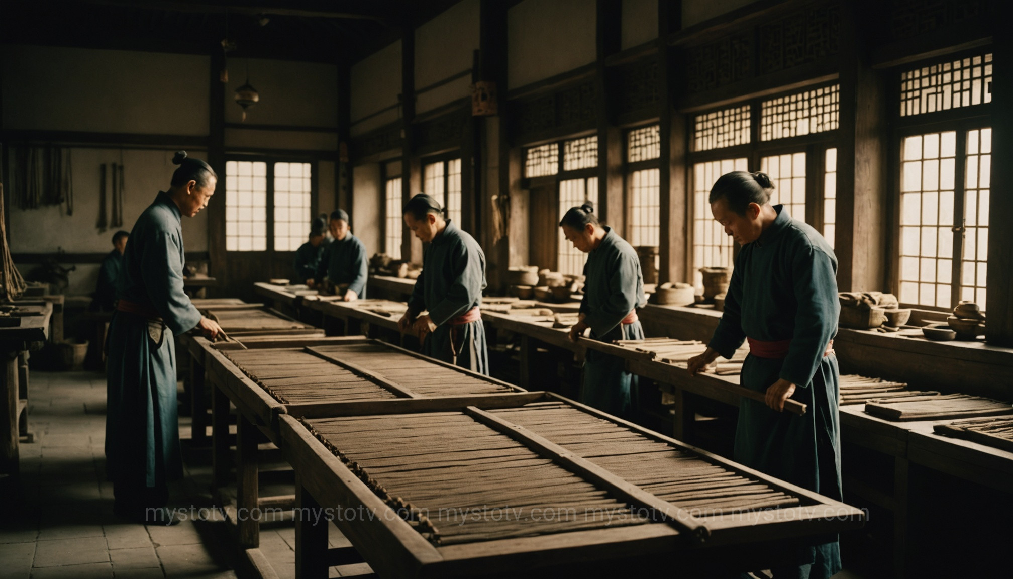 Guarded artisans in a workshop, illustrating the intense secrecy surrounding the history of silk production in ancient China.