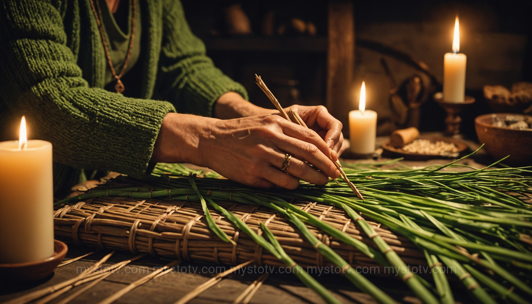Hands carefully weaving a traditional Brigid\'s Cross, a central symbol in Celtic goddess Brigid worship and Imbolc celebrations.
