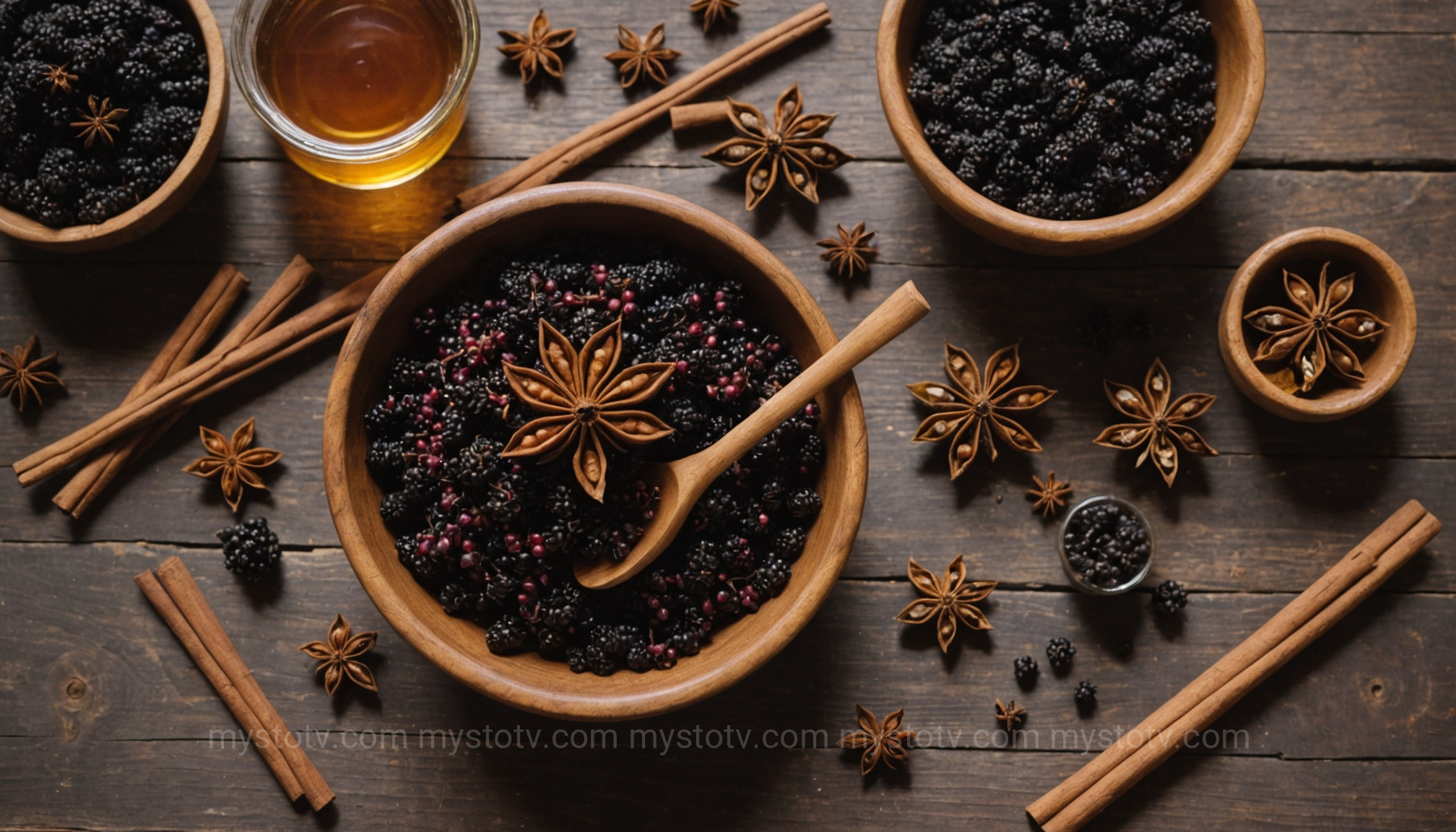 Heirloom ingredients for Traditional Folk Medicine: Following an Old-Fashioned Making Elderberry Syrup Recipe, including dried elderberries, spices, and honey on a rustic table.