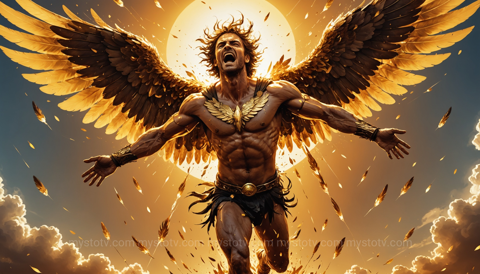 Icarus falls as the sun melts his wings, a tragic climax in the story of Icarus and Daedalus.