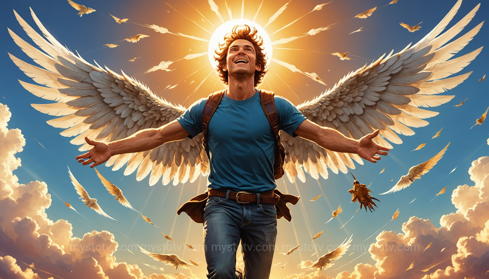 Icarus flying too close to the sun, an act of hubris leading to tragedy in the story of Icarus and Daedalus.