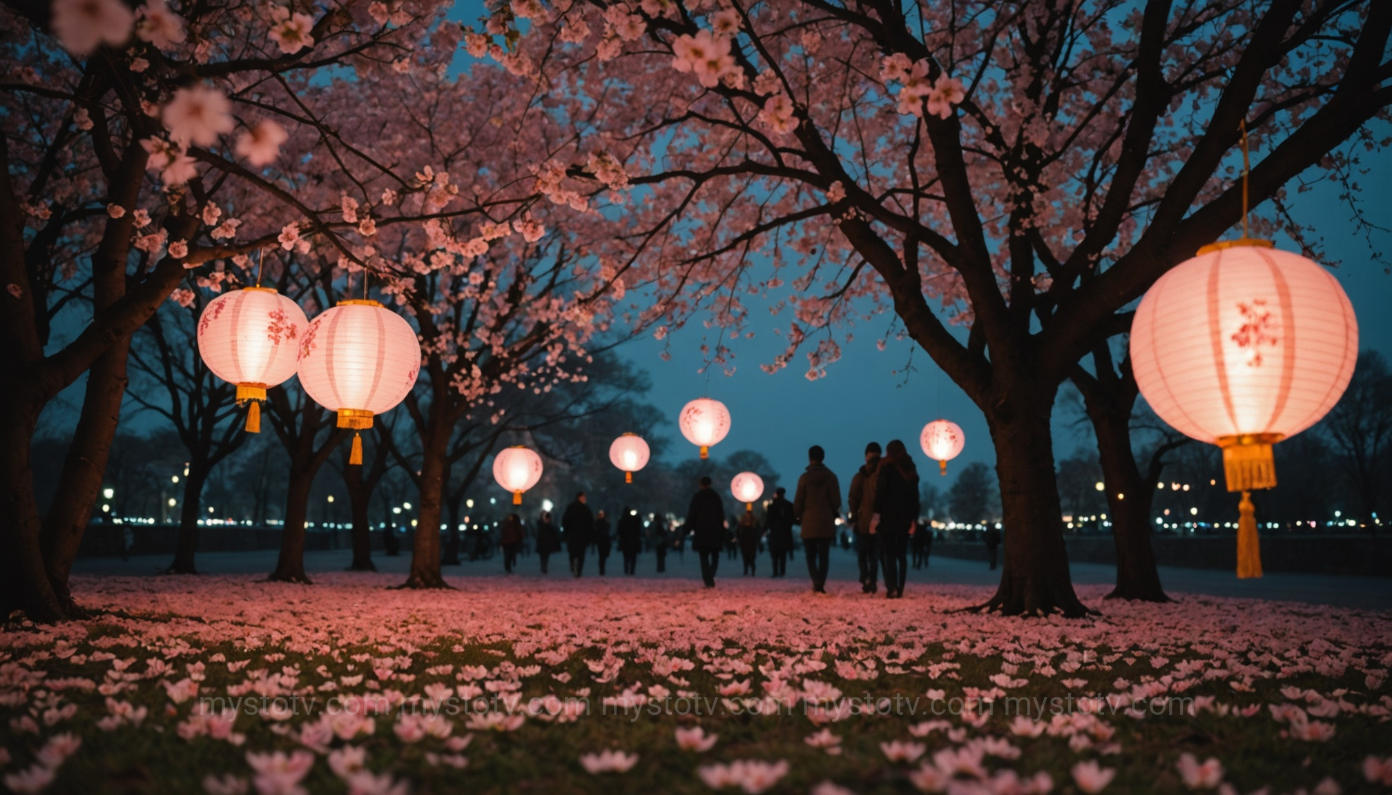 Illuminated trees during a yozakura, a modern expression of the hanami cherry blossom tradition at night.